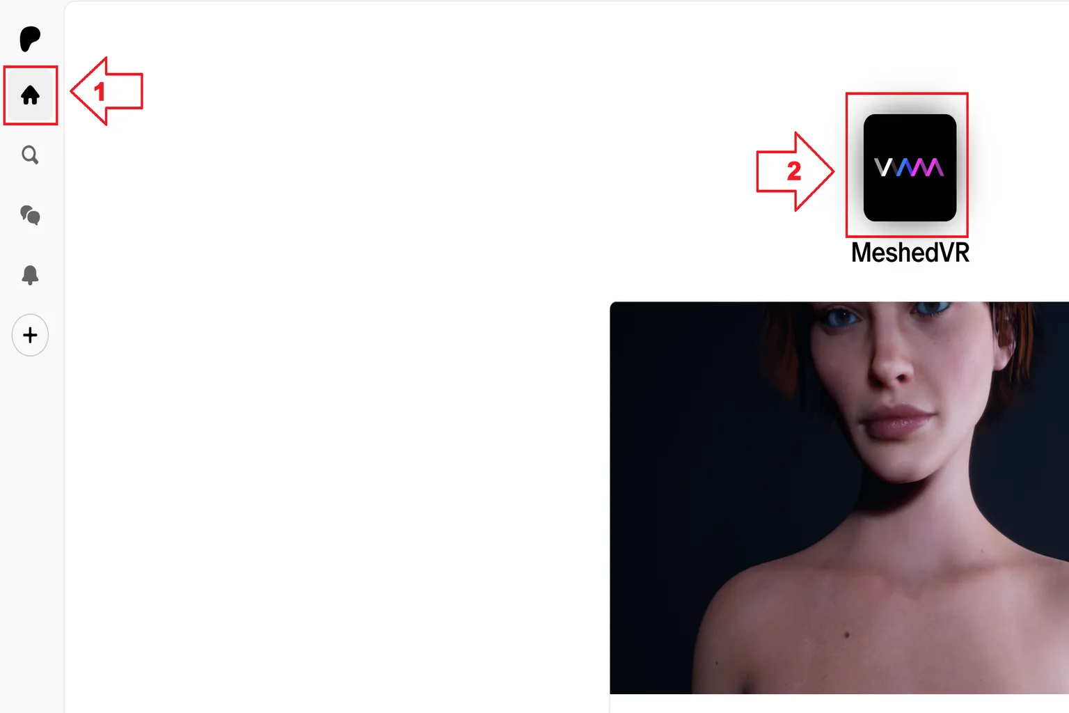 Page d’accueil Patreon avec les repères indiquant l’accès à la page MeshedVR depuis le menu principal.