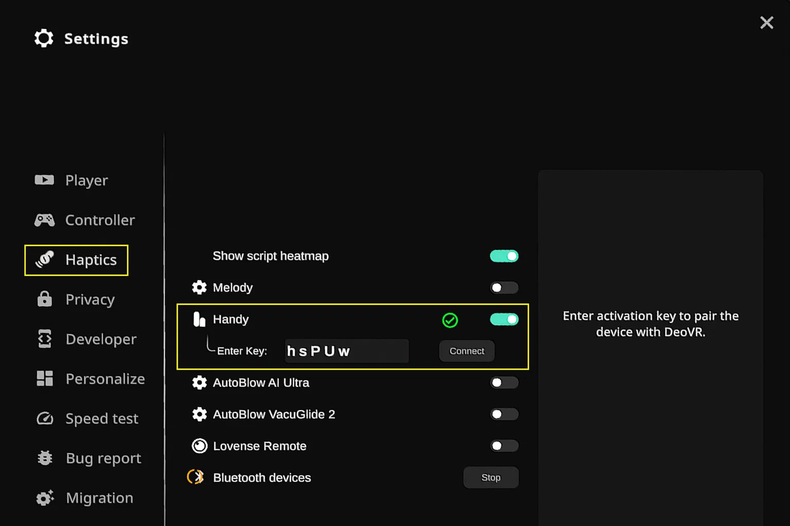 Paramètres Haptics de DeoVR avec The Handy sélectionné et une Connection Key saisie pour l’appairage.