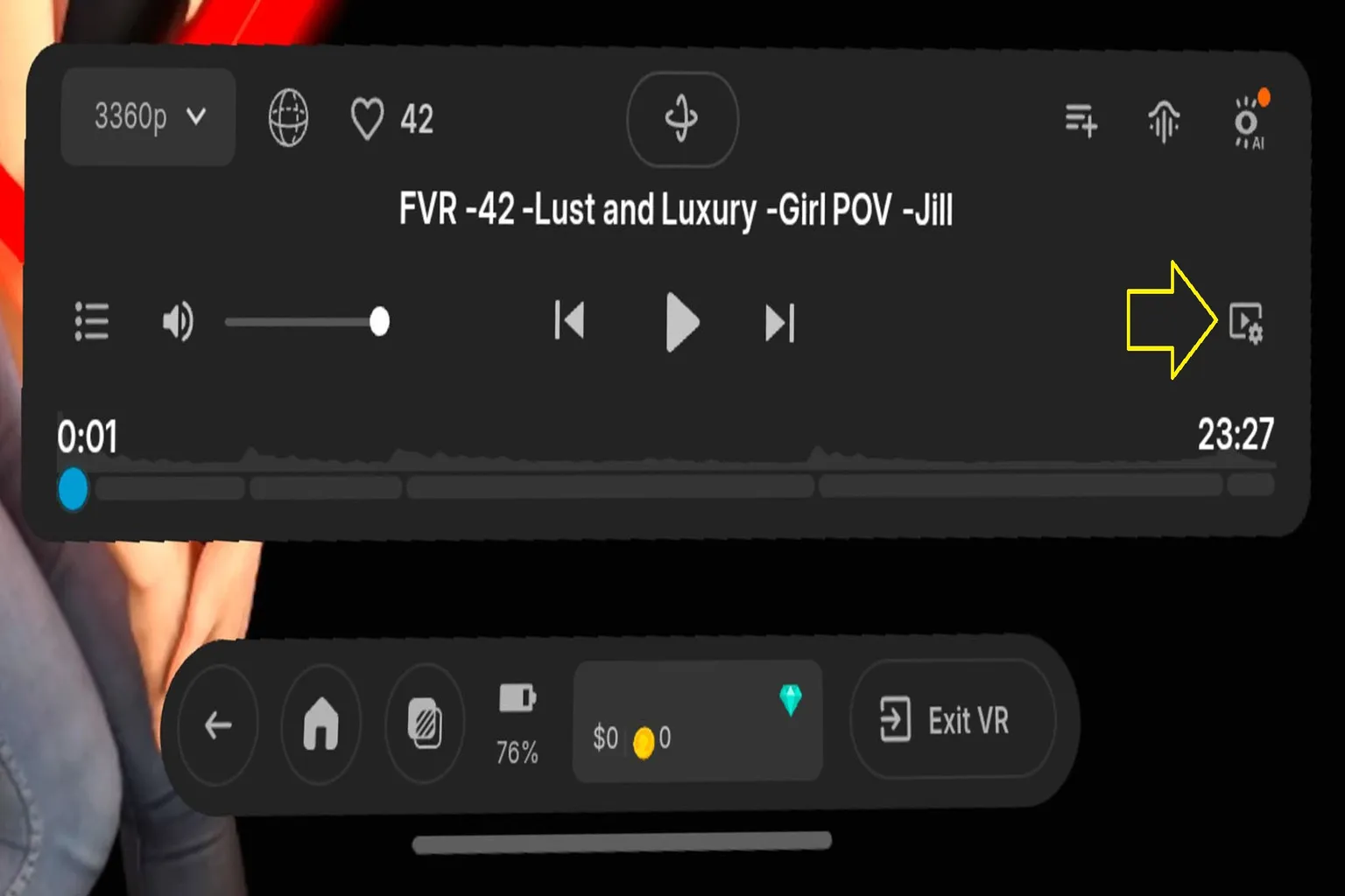 Menu de lecture DeoVR avec une flèche pointant vers l’icône des paramètres vidéo.