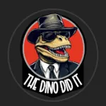 Logo TheDinoDidIt avec dinosaure en chapeau sur fond circulaire sombre