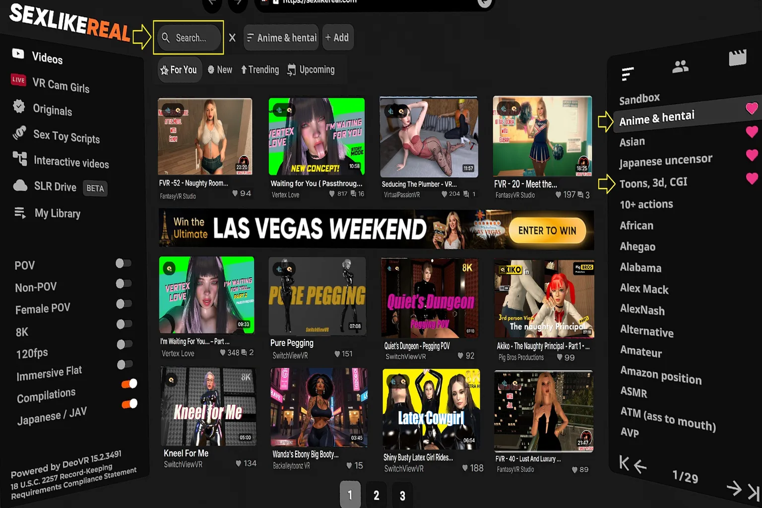Interface principale de SexLikeReal avec menu Anime & hentai et filtres de catégories visibles