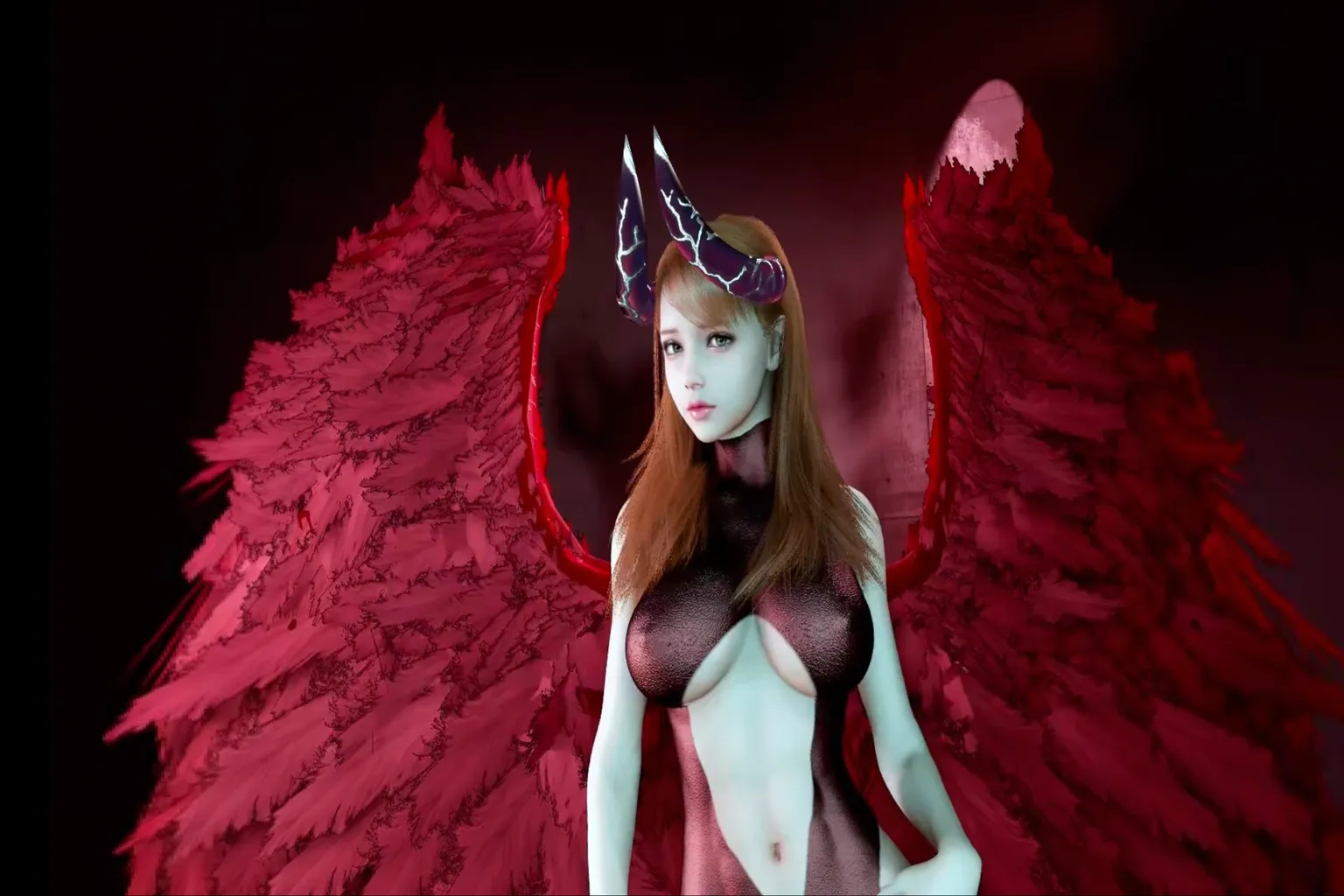 Personnage féminin démoniaque Virt-A-Mate avec cornes et grandes ailes rouges dans une scène fantastique
