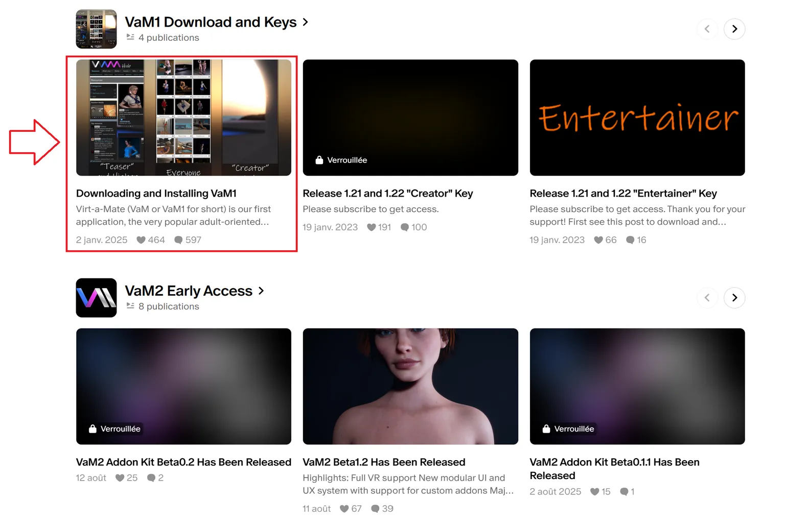 Section « VaM1 Download and Keys » de MeshedVR sur Patreon, avec la publication « Downloading and Installing VaM1 » encadrée en rouge.