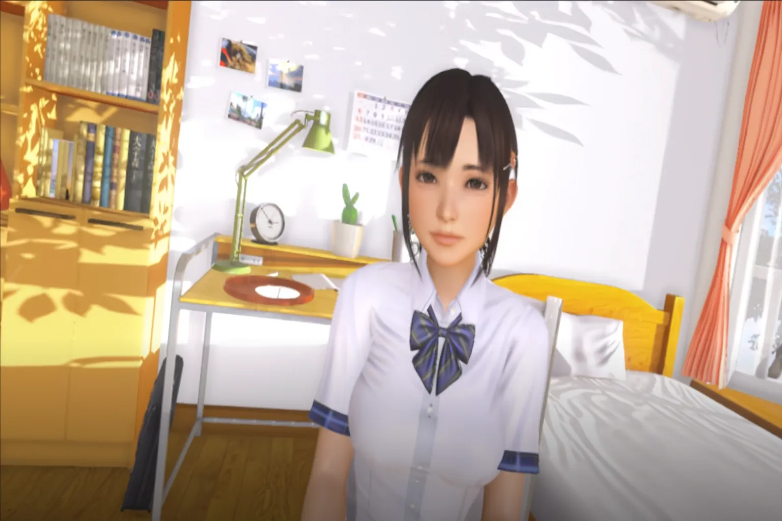Personnage féminin virtuel de style anime dans une chambre lumineuse, avec ambiance petite amie virtuelle