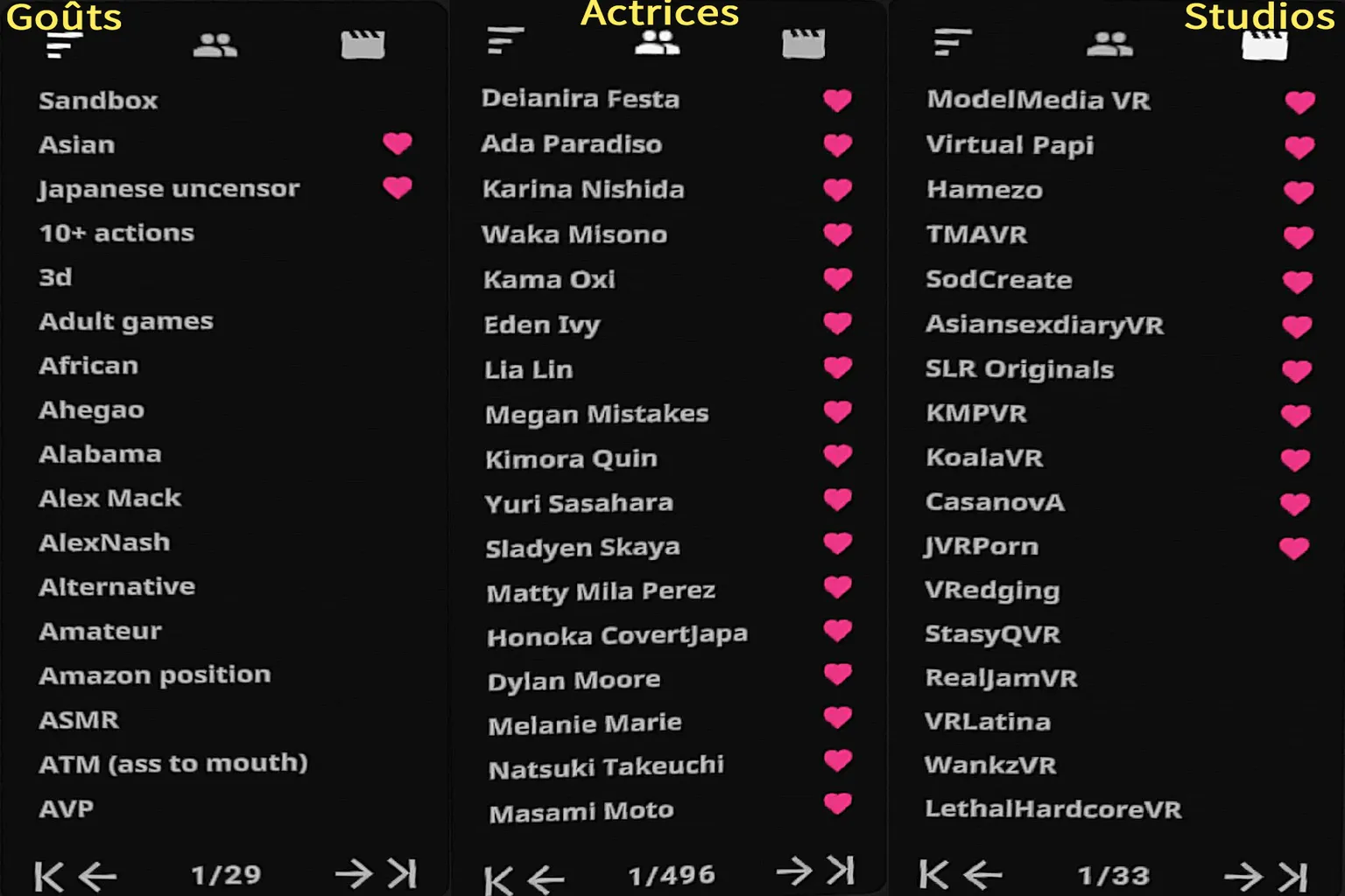 Liste SLR des goûts, actrices et studios avec favoris