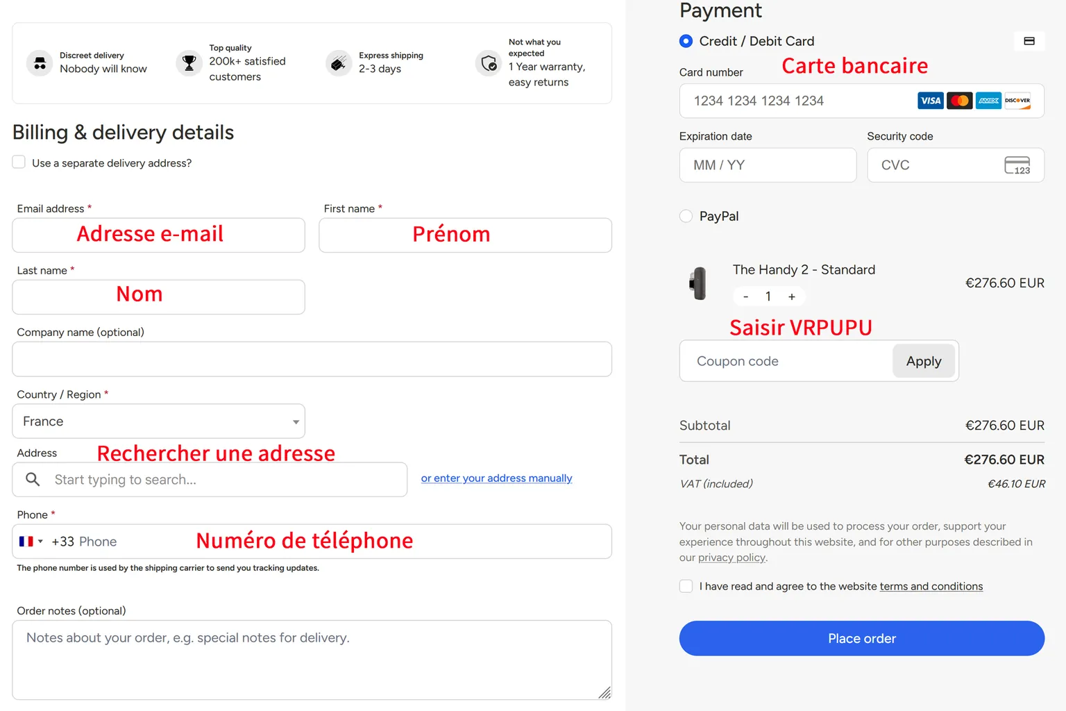 Page de paiement de The Handy 2 avec les champs d’adresse, de téléphone, de carte bancaire et l’emplacement où saisir le code promo VRPUPU.