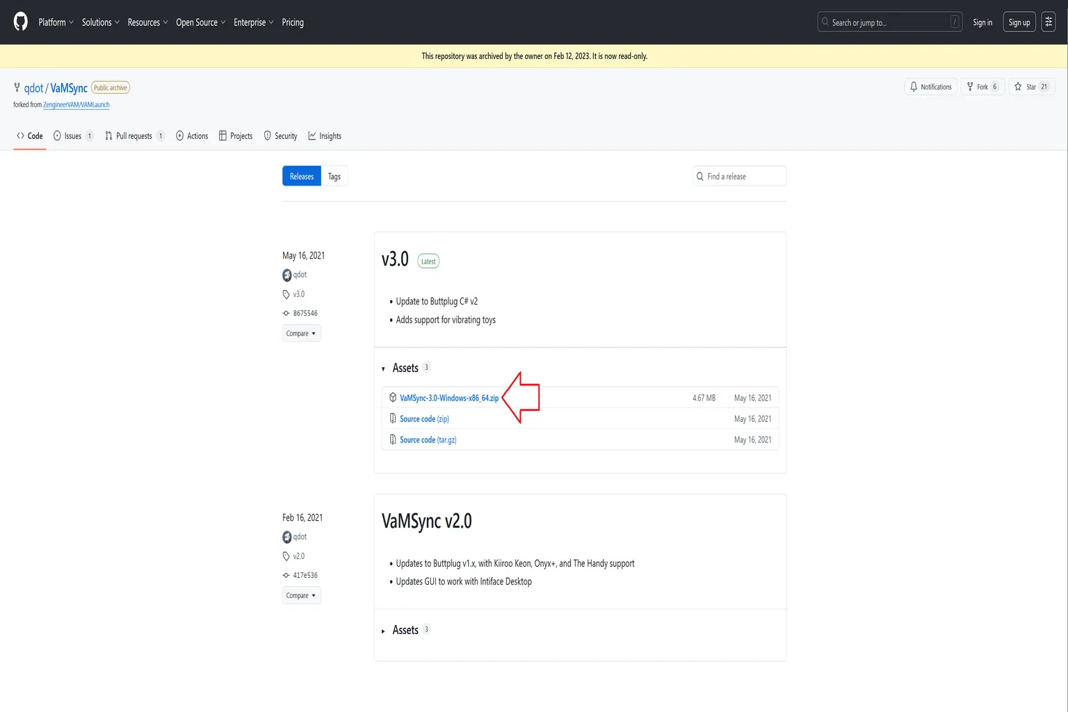 Page GitHub de VaMSync avec une flèche indiquant le fichier Windows à télécharger.