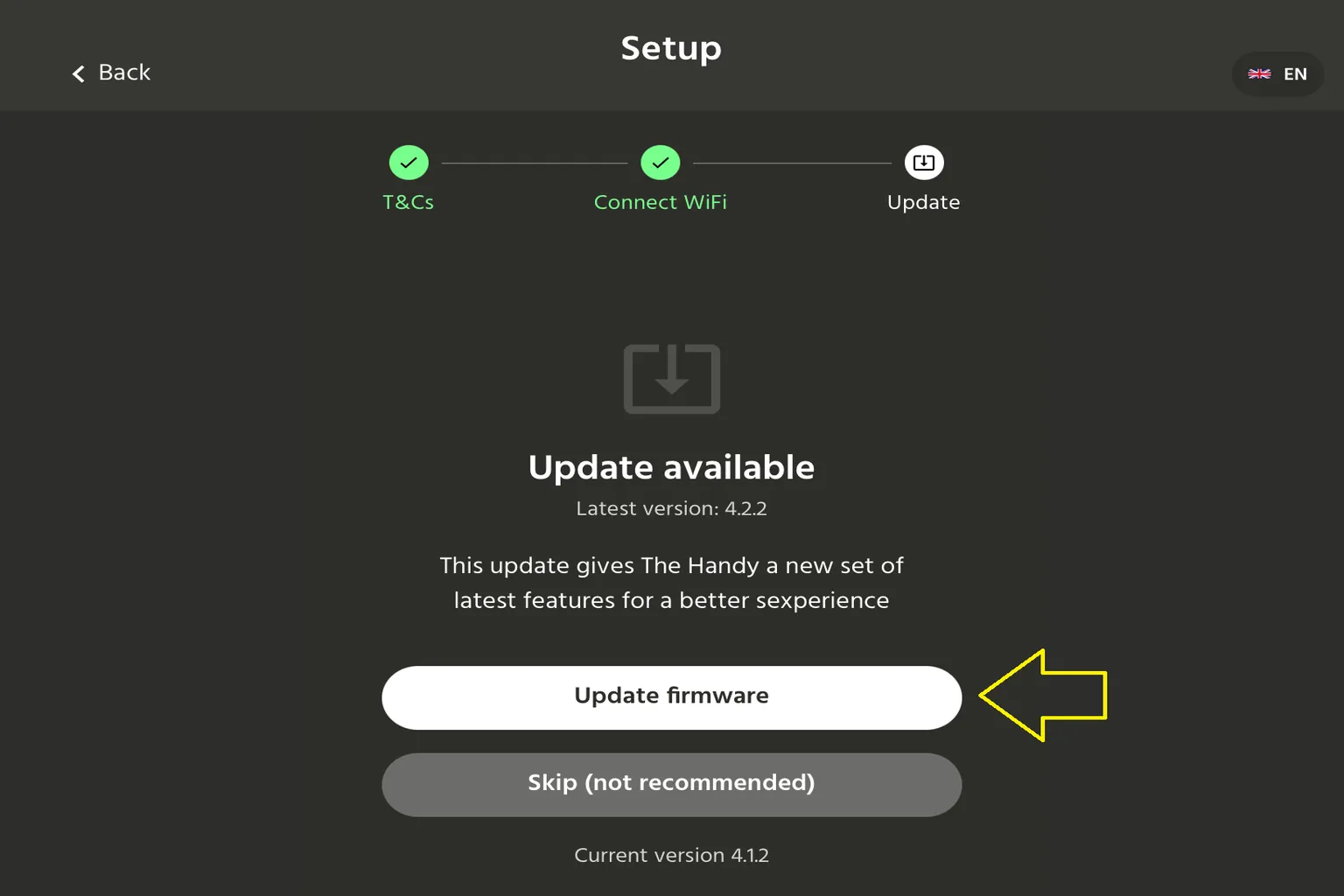 Écran HandyOnboarding indiquant qu’une mise à jour du firmware est disponible.