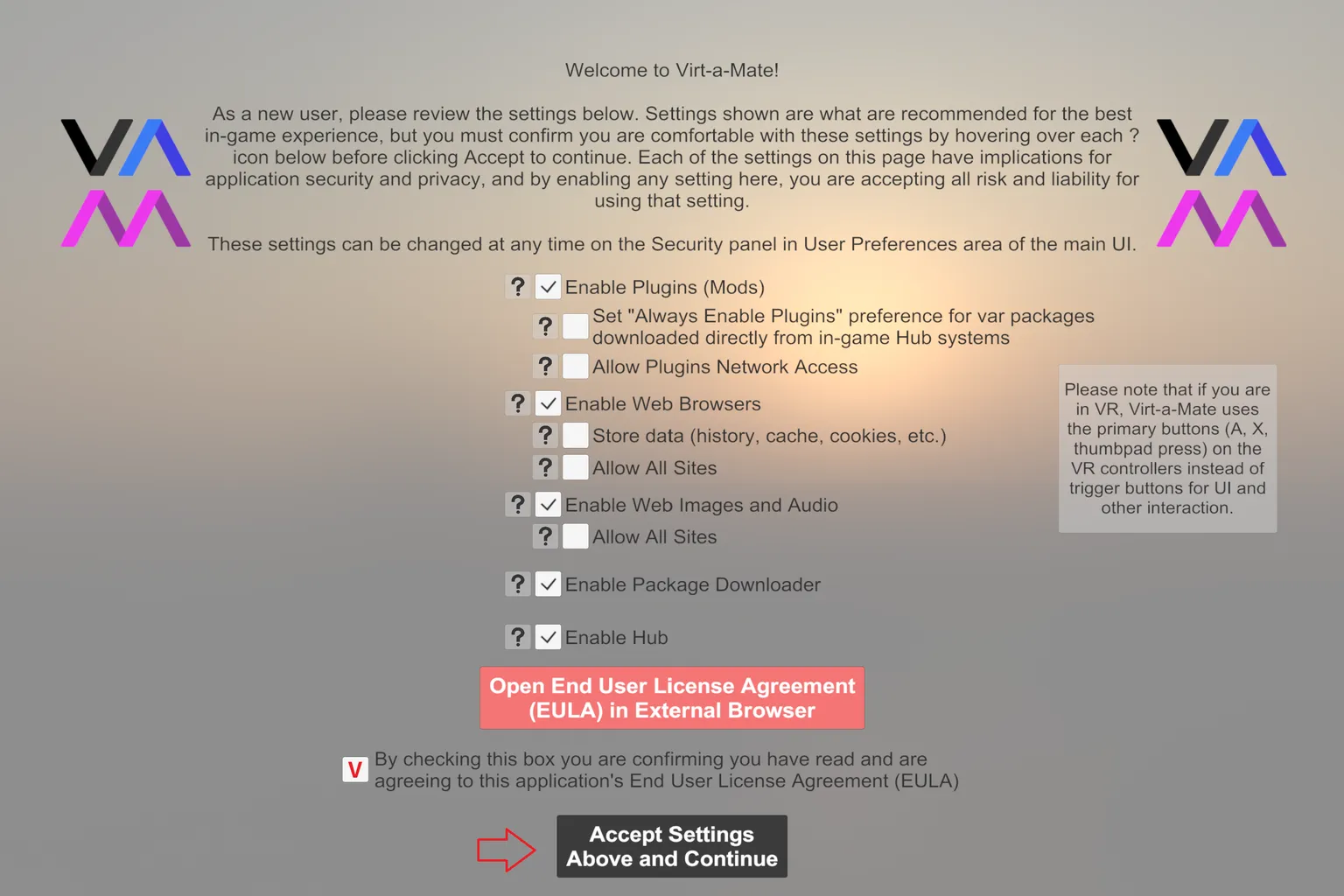 Premier lancement de Virt-A-Mate avec options de sécurité, case EULA et bouton Accept Settings Above and Continue