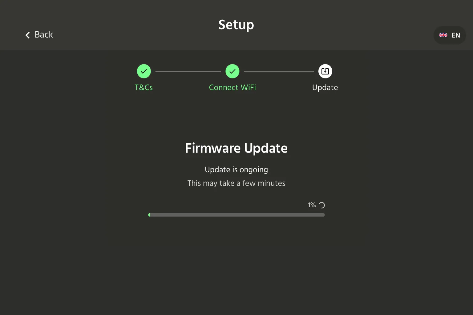 Écran de mise à jour du firmware dans HandyOnboarding avec une barre de progression à 1 %.