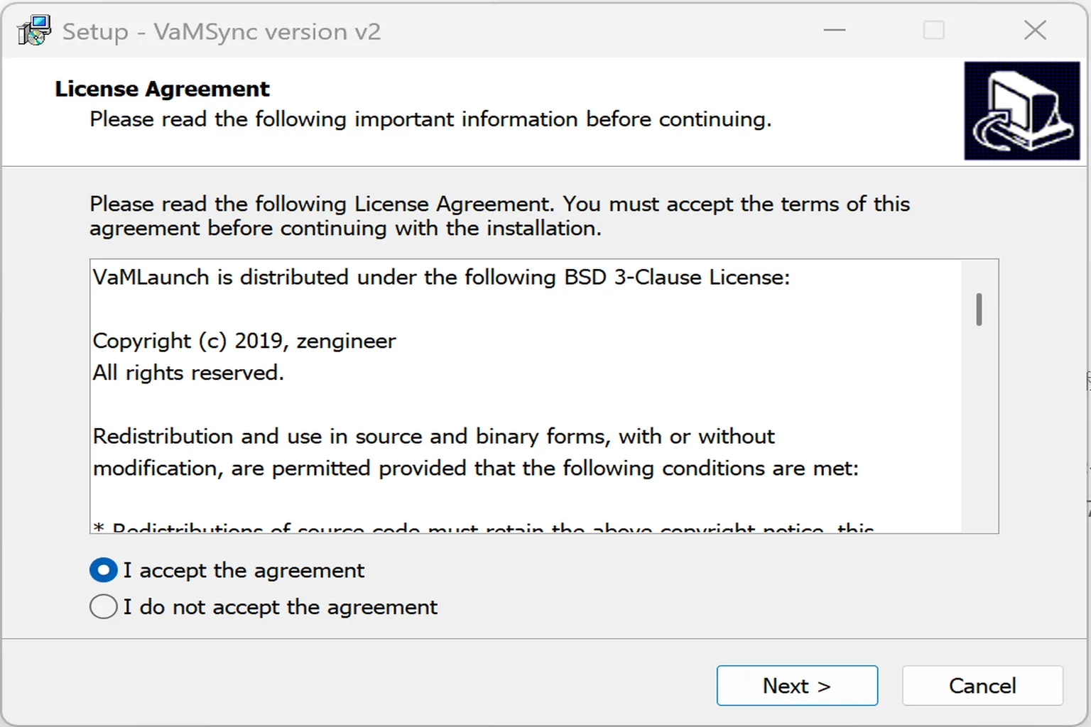 Installateur VaMSync affichant l’accord de licence et l’option I accept the agreement.