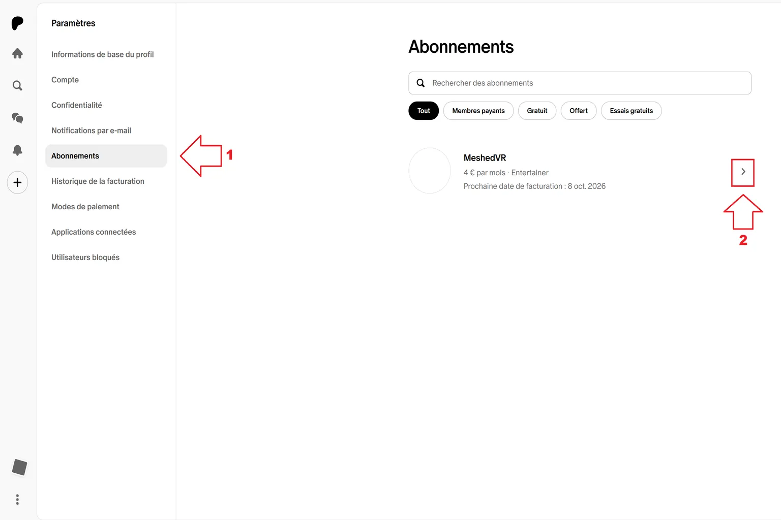 Onglet Abonnements de Patreon avec les détails de l’abonnement MeshedVR