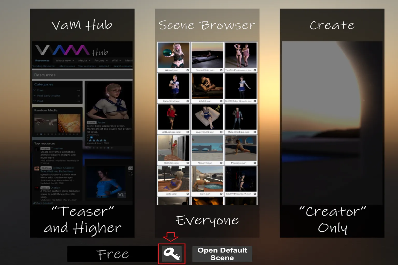 Écran d’accueil de Virt-A-Mate avec choix entre VaM Hub, Scene Browser et Create