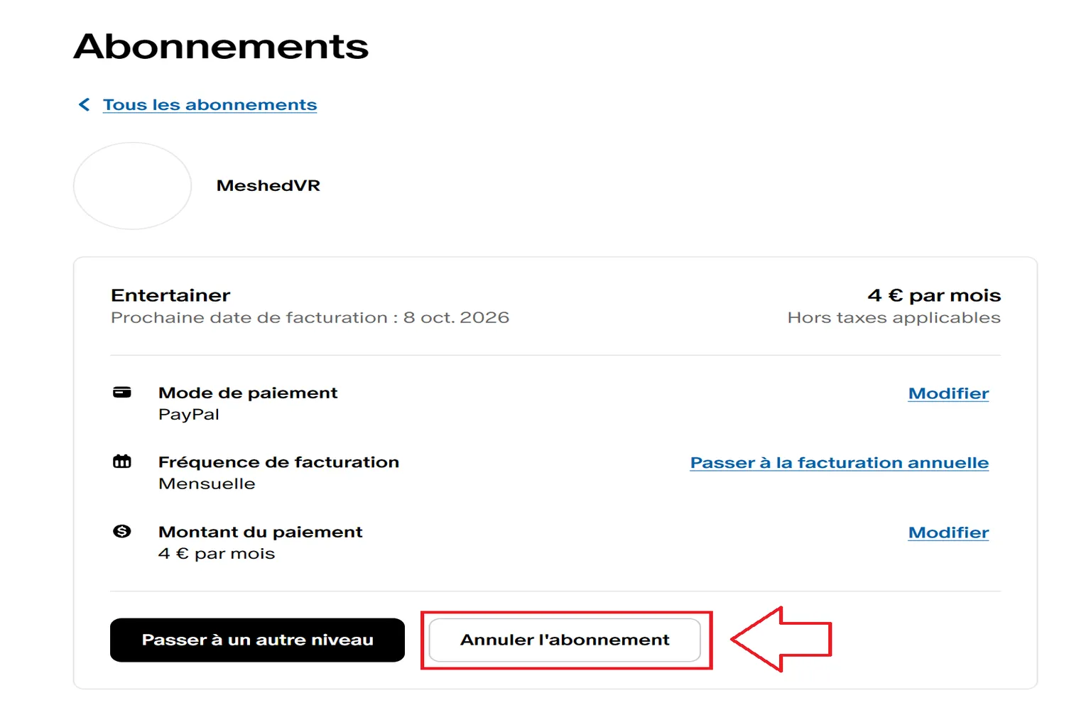 Détails de l’abonnement MeshedVR sur Patreon avec bouton d’annulation
