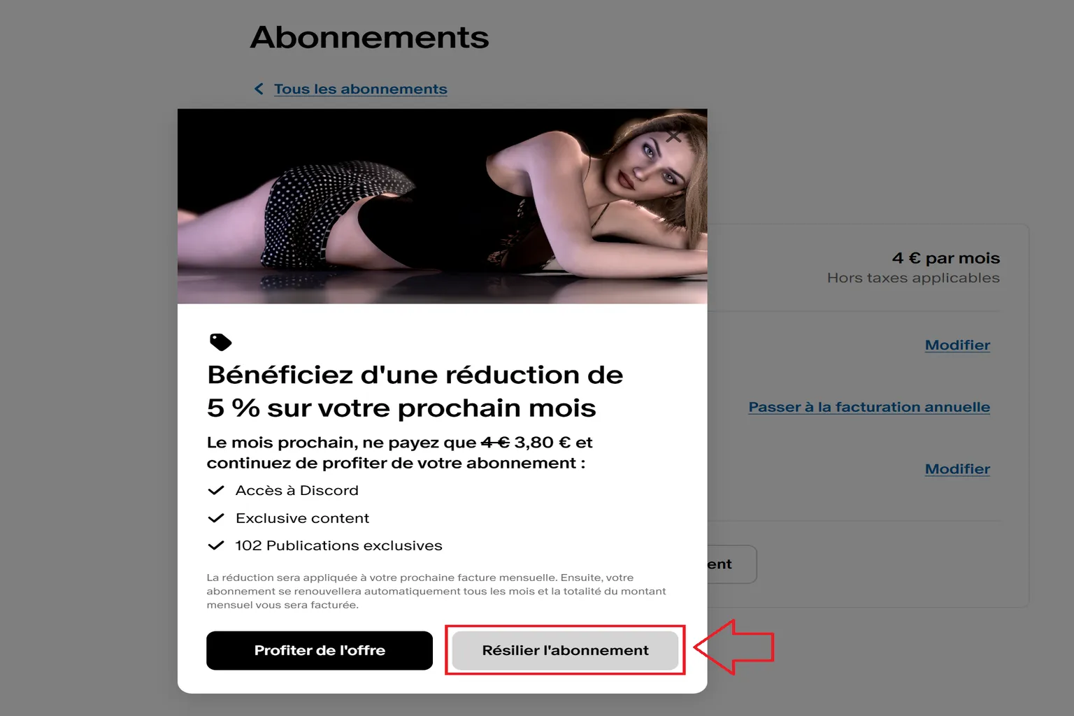 Offre de réduction Patreon affichée avant l’annulation de l’abonnement