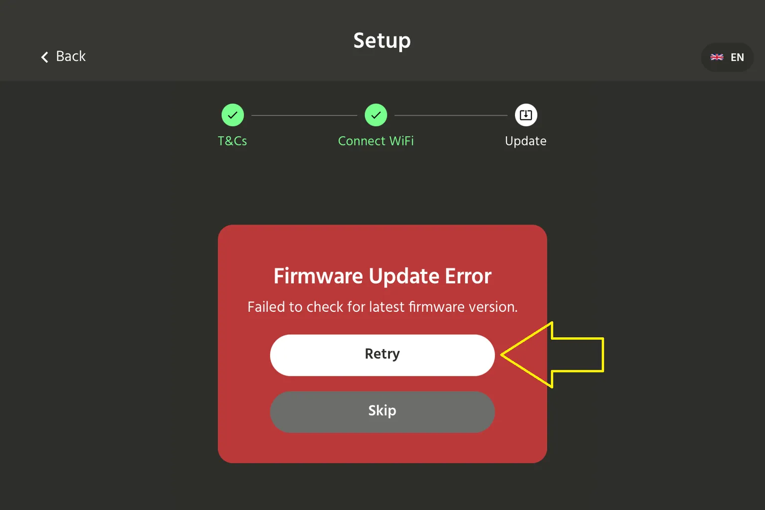 Message d’erreur de mise à jour du firmware dans HandyOnboarding avec le bouton Retry.