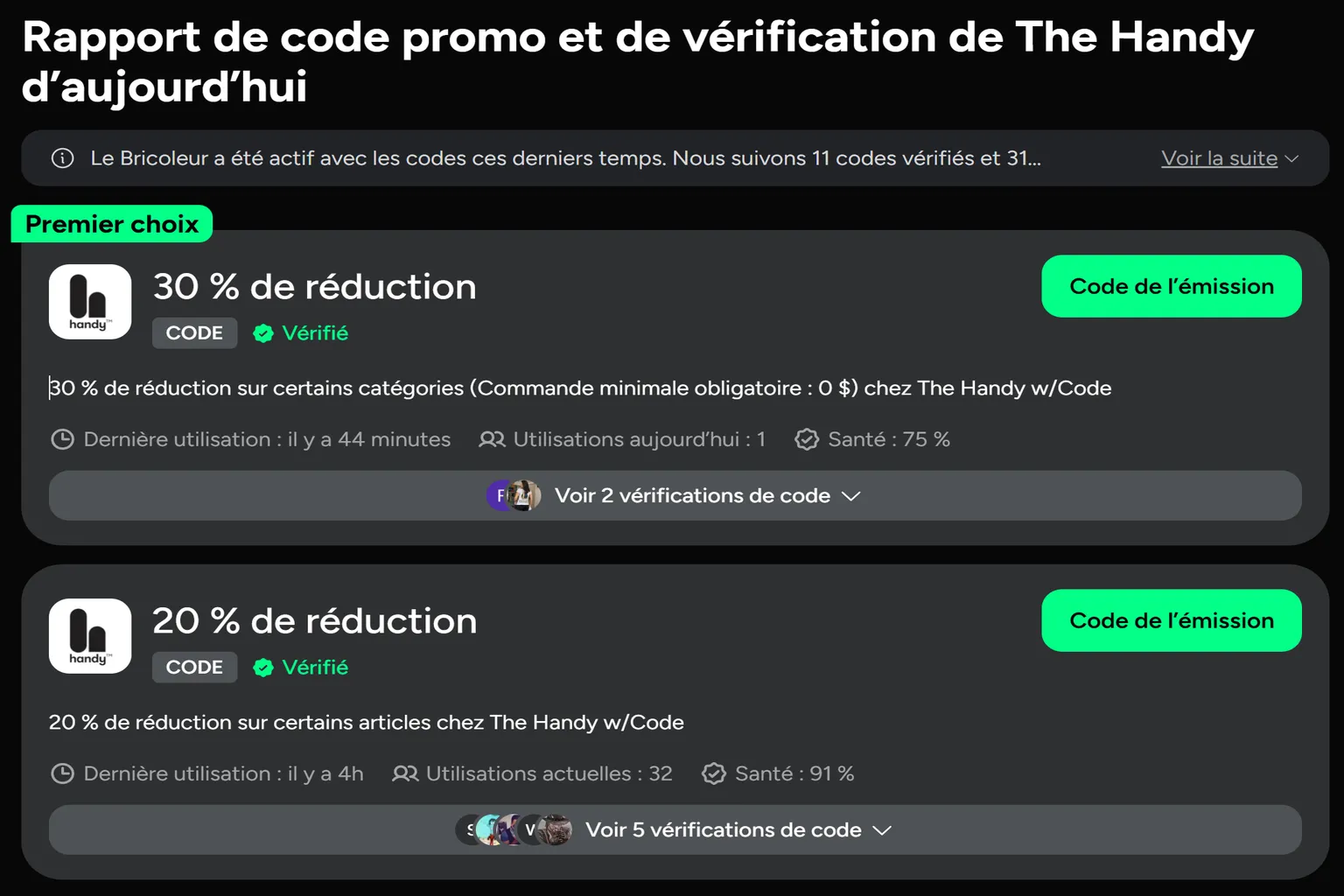 Page de codes promo The Handy non officielle affichant des réductions vérifiées