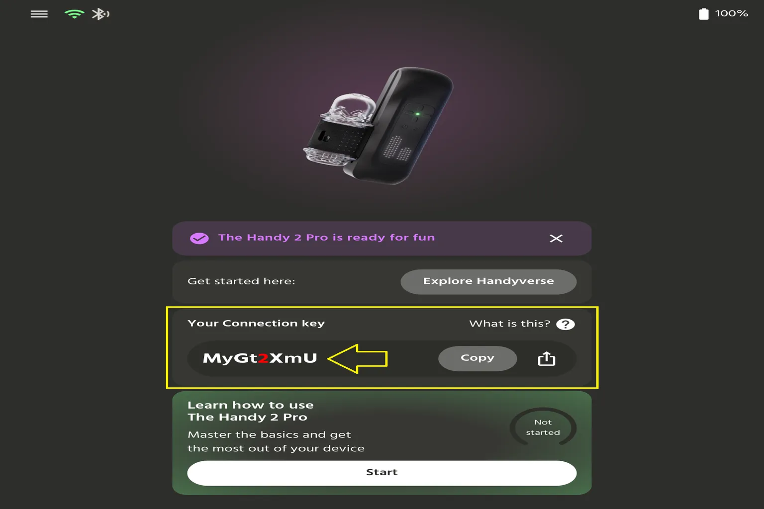 Écran The Handy 2 Pro affichant la Connection Key avec le bouton Copy.