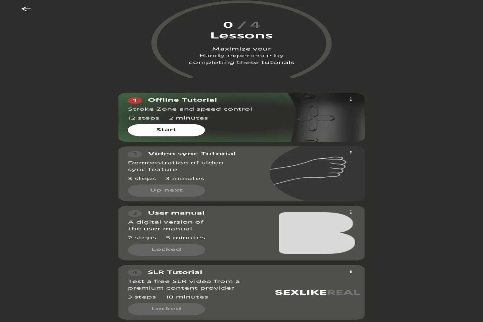 Liste des tutoriels HandyOnboarding avec les leçons Offline Tutorial, Video sync Tutorial et User manual.