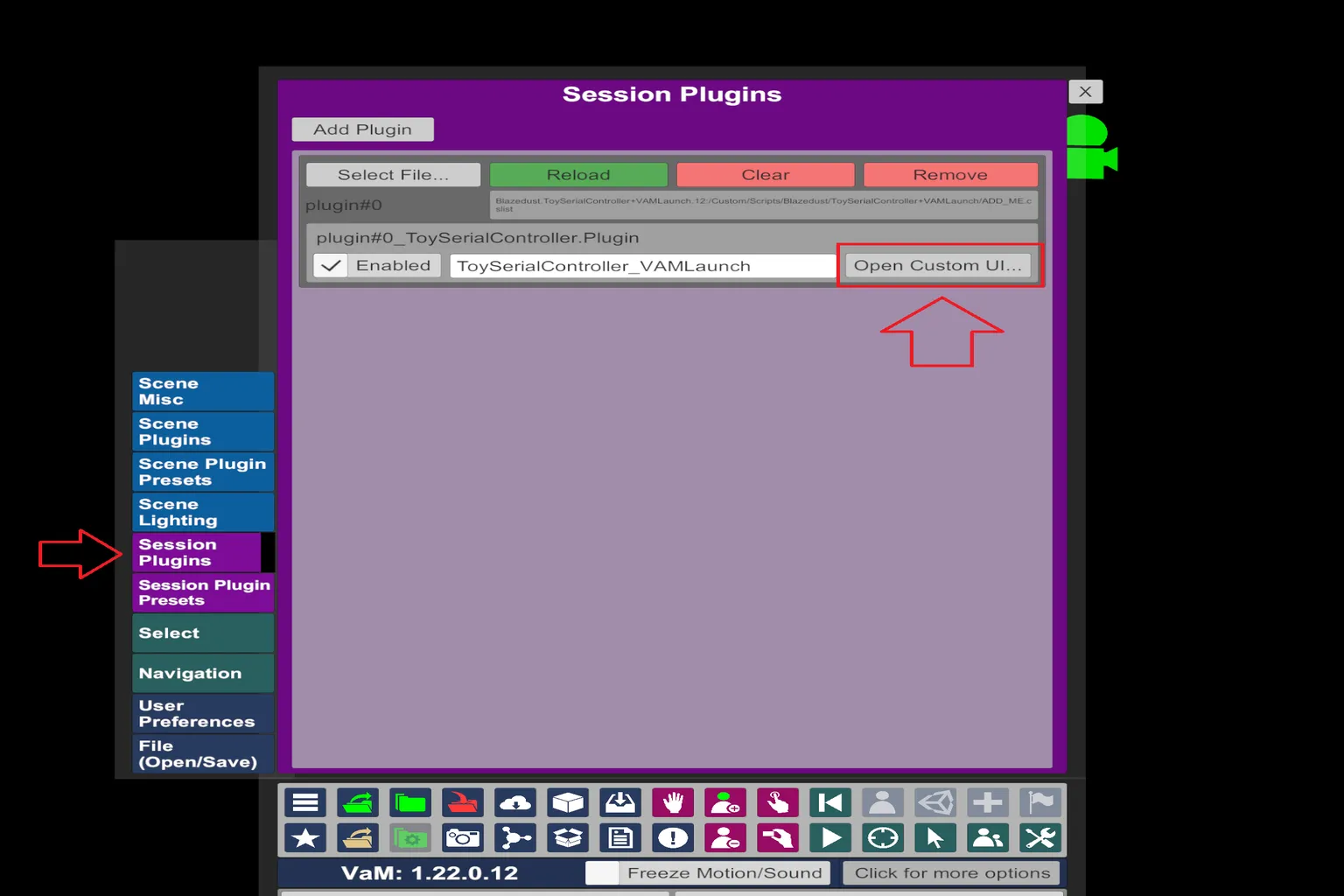 Fenêtre Session Plugins de VaM avec le bouton Open Custom UI du plugin ToySerialController_VAMLaunch.
