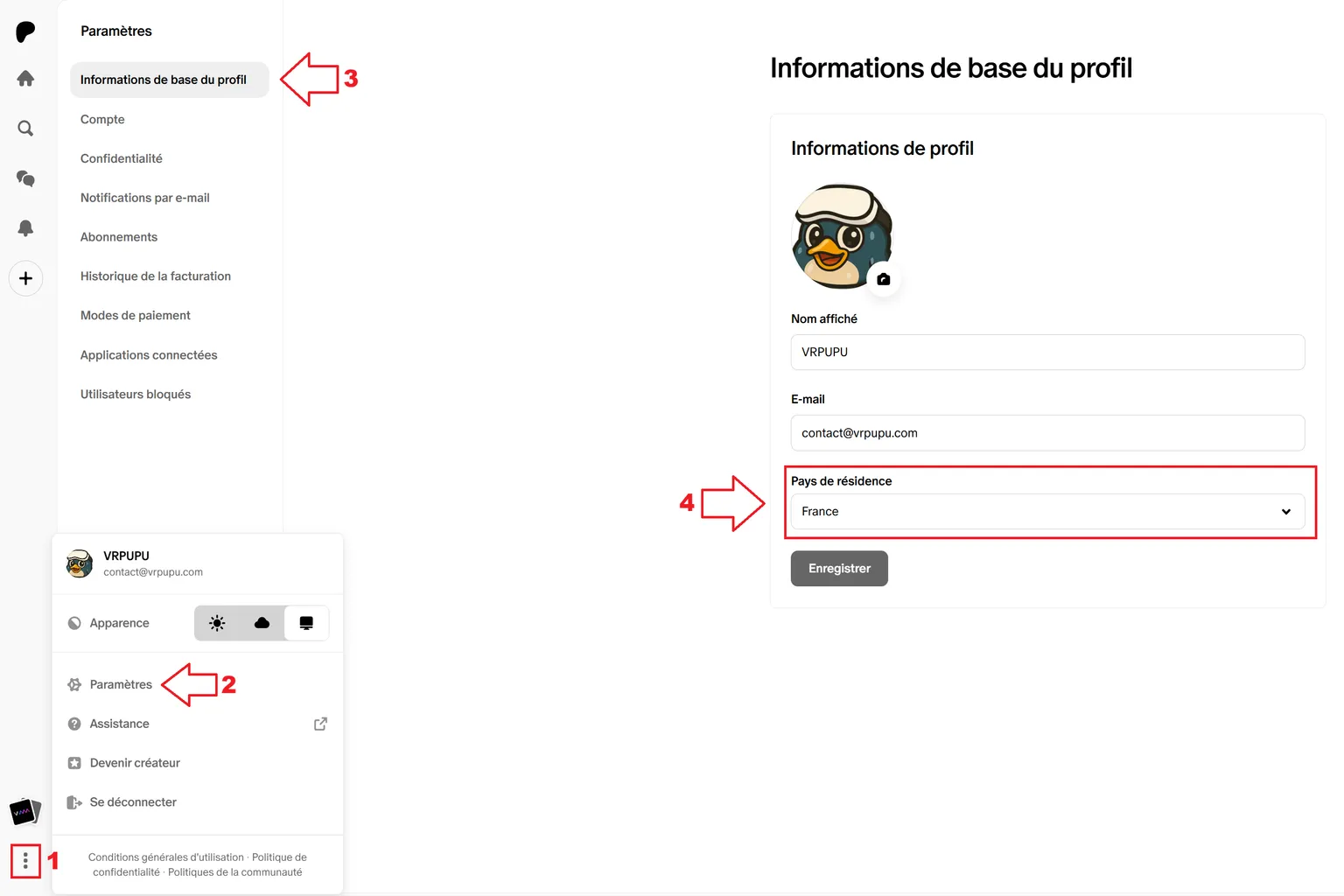 Paramètres Patreon montrant le changement du pays de résidence vers la France
