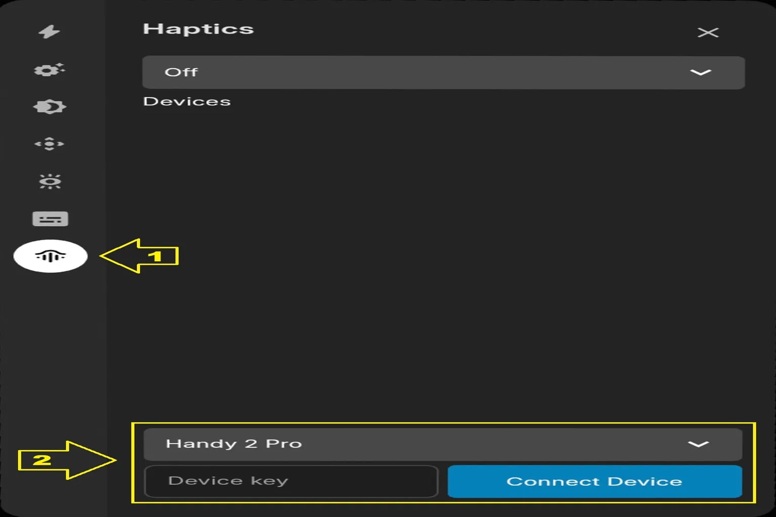 Écran Haptics de DeoVR montrant le choix de Handy 2 Pro, le champ Device key et le bouton Connect Device.