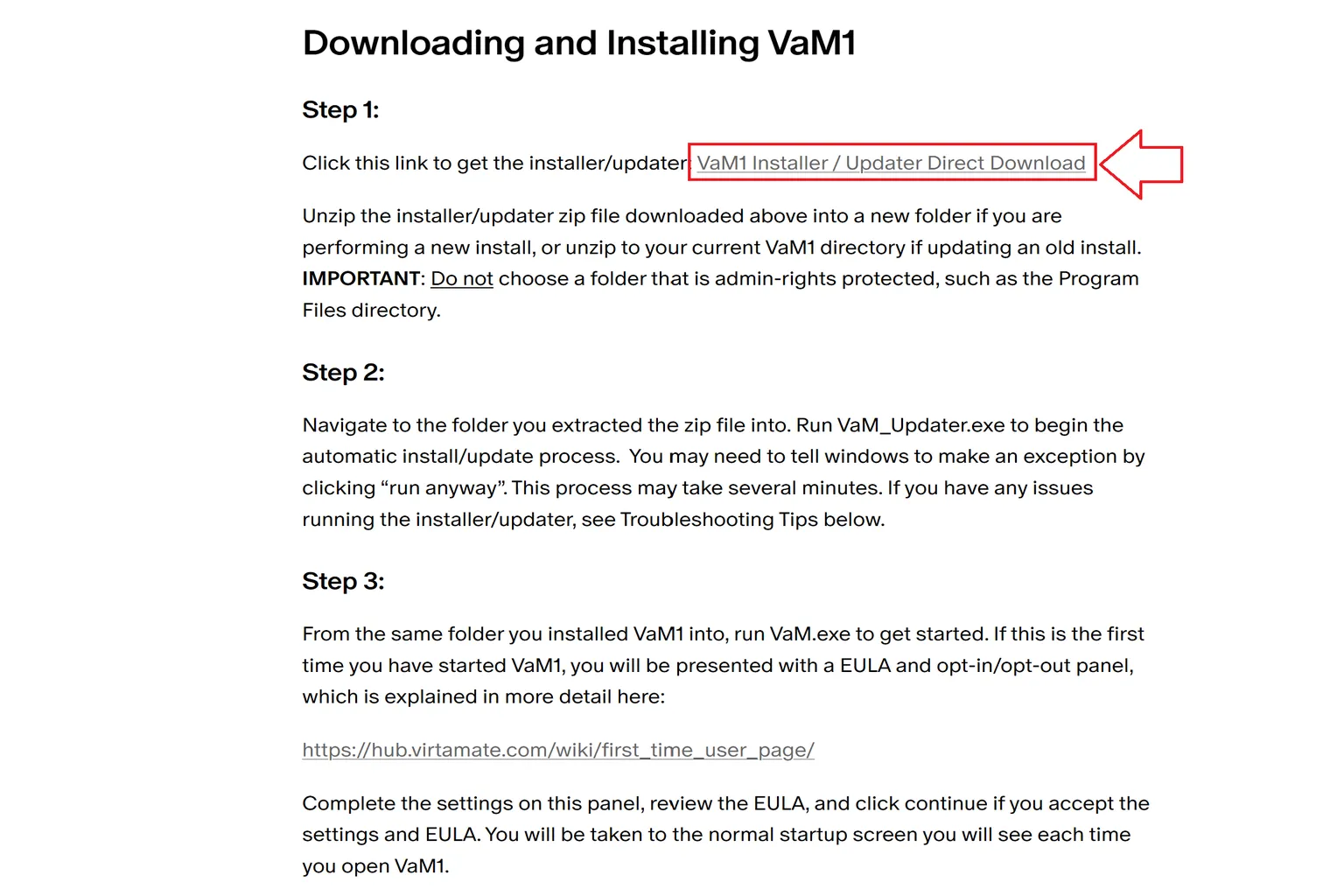 Guide d’installation VaM1 avec lien VaM1 Installer Updater Direct Download encadré