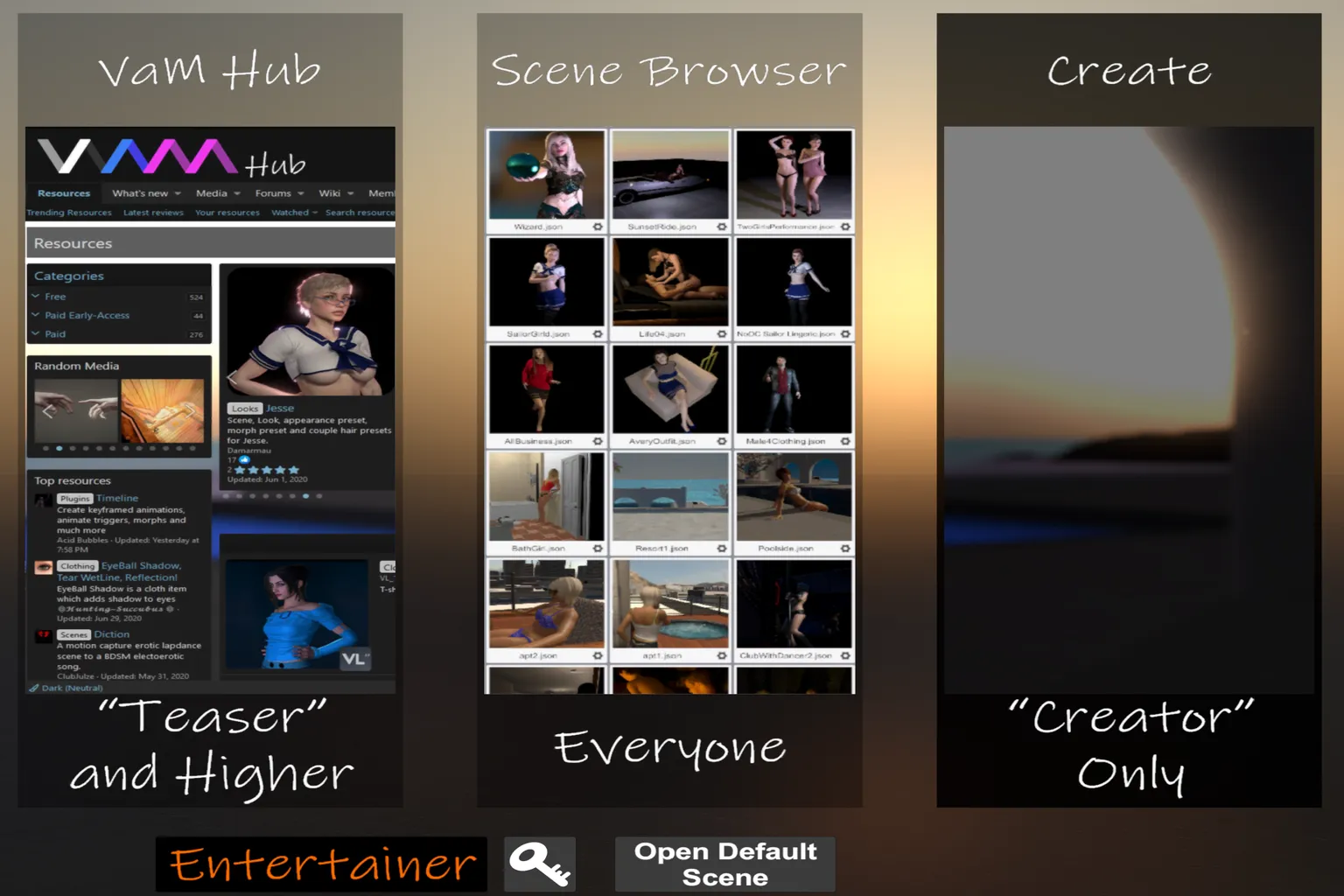 Écran principal de Virt-A-Mate avec les modes VaM Hub, Scene Browser et Create