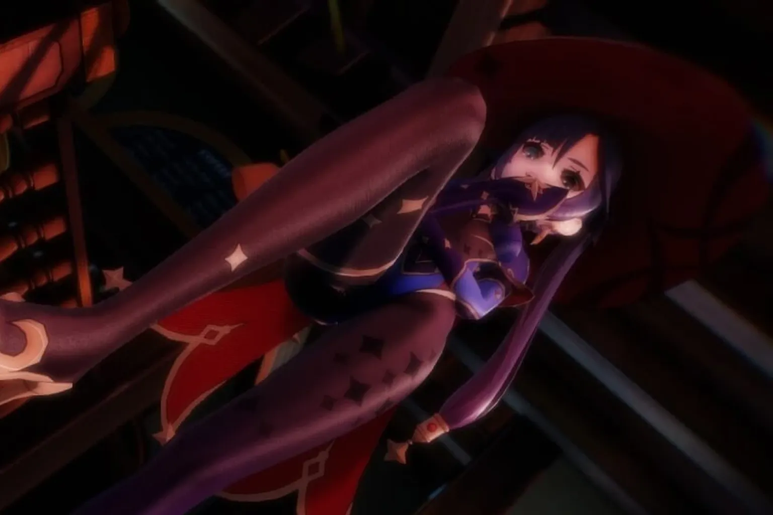 Personnage féminin virtuel de style anime dans une scène sombre, assis sur un canapé rouge