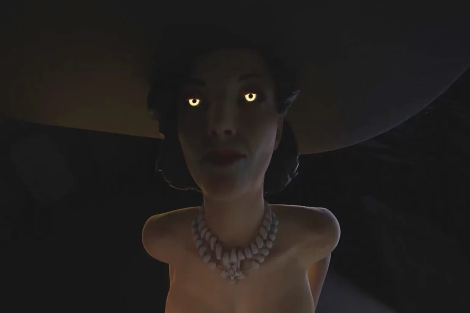 Personnage féminin géant de style fantasy dans une scène VR sombre, vu en très gros plan depuis une perspective basse