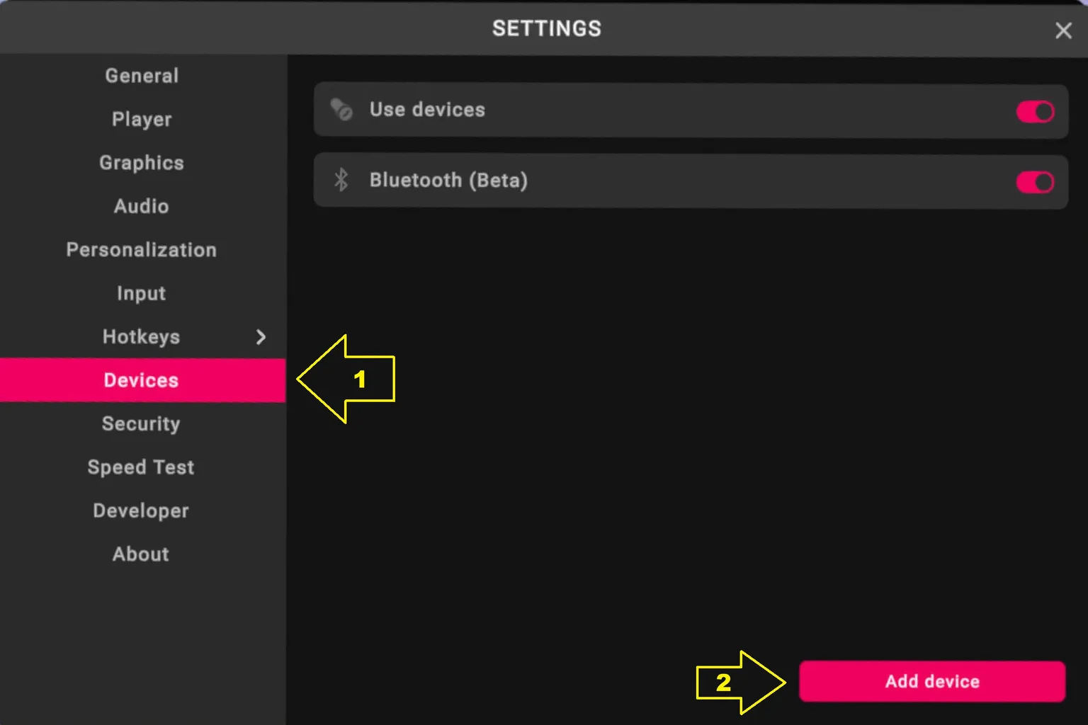 Écran des paramètres VRPorn affichant la section Devices, avec Use devices et Bluetooth activés, ainsi que le bouton Add device mis en évidence.