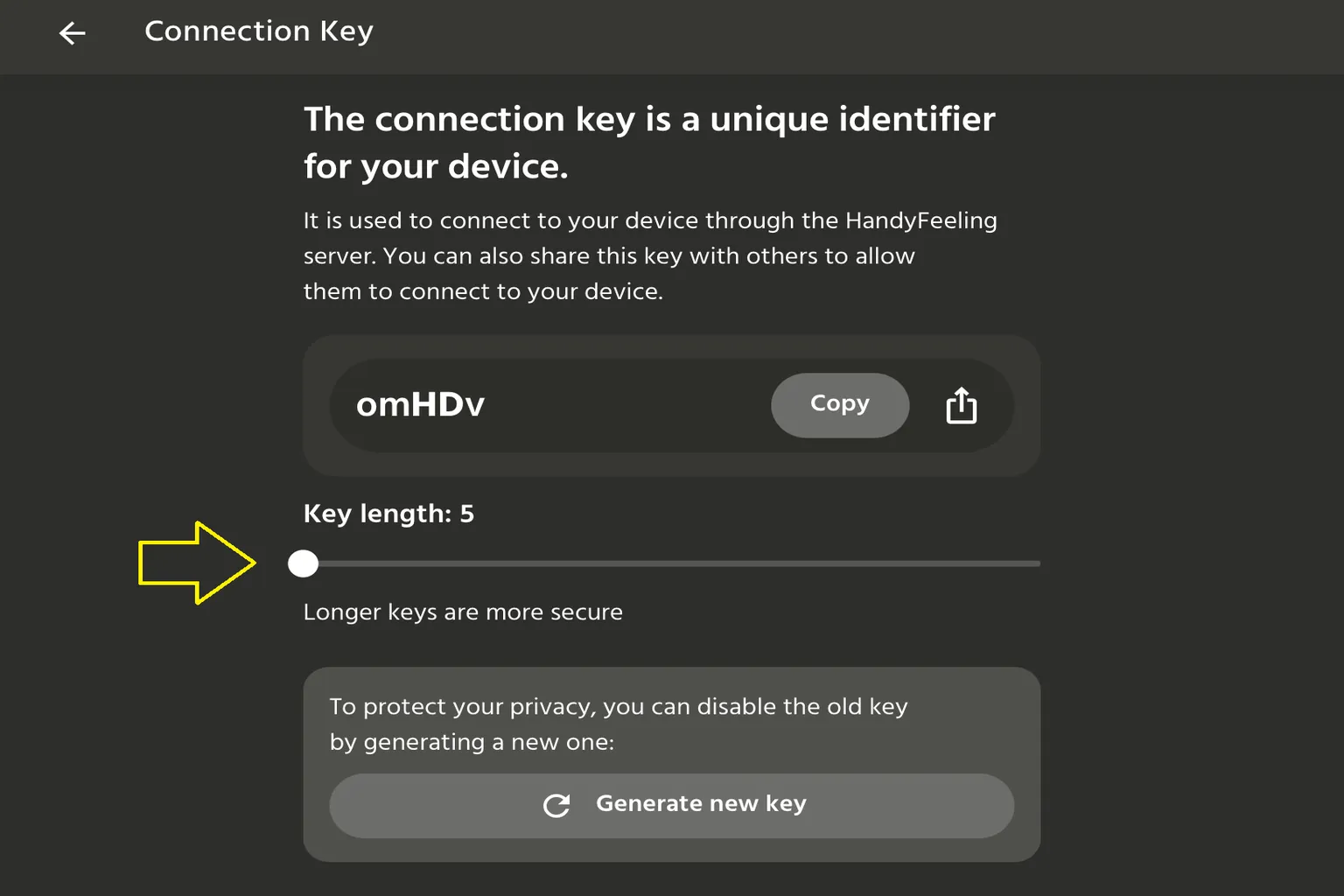 Écran Connection Key de l’application The Handy montrant la clé de connexion, le bouton Copy et le réglage Key length.