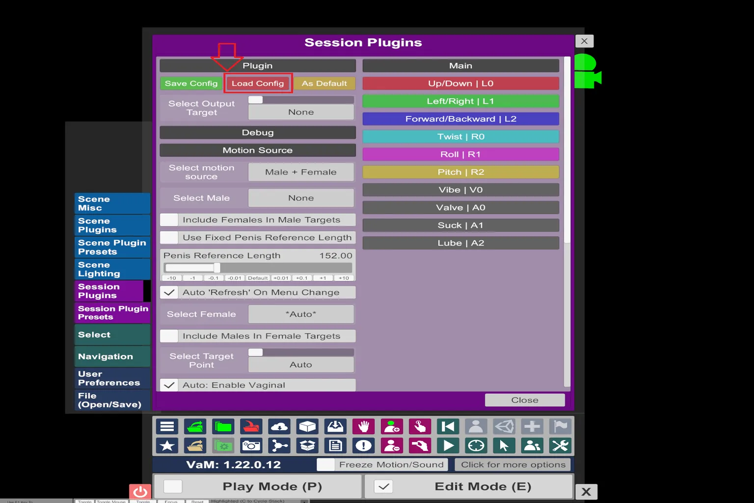 Interface du plugin VaM indiquant le chargement du fichier de configuration The Handy au format JSON.