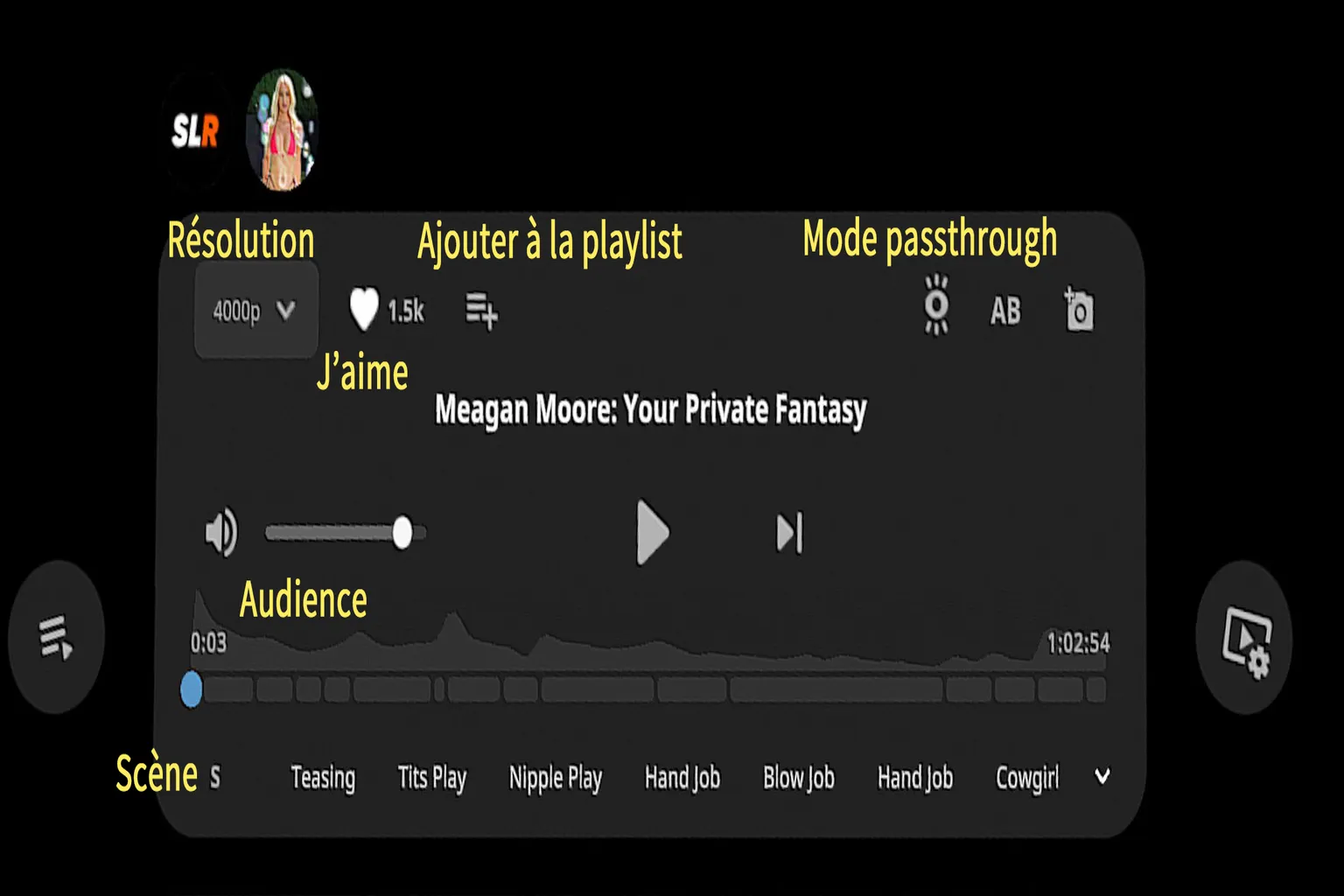 Lecteur vidéo SLR avec résolution, playlist, audience, scènes et mode passthrough