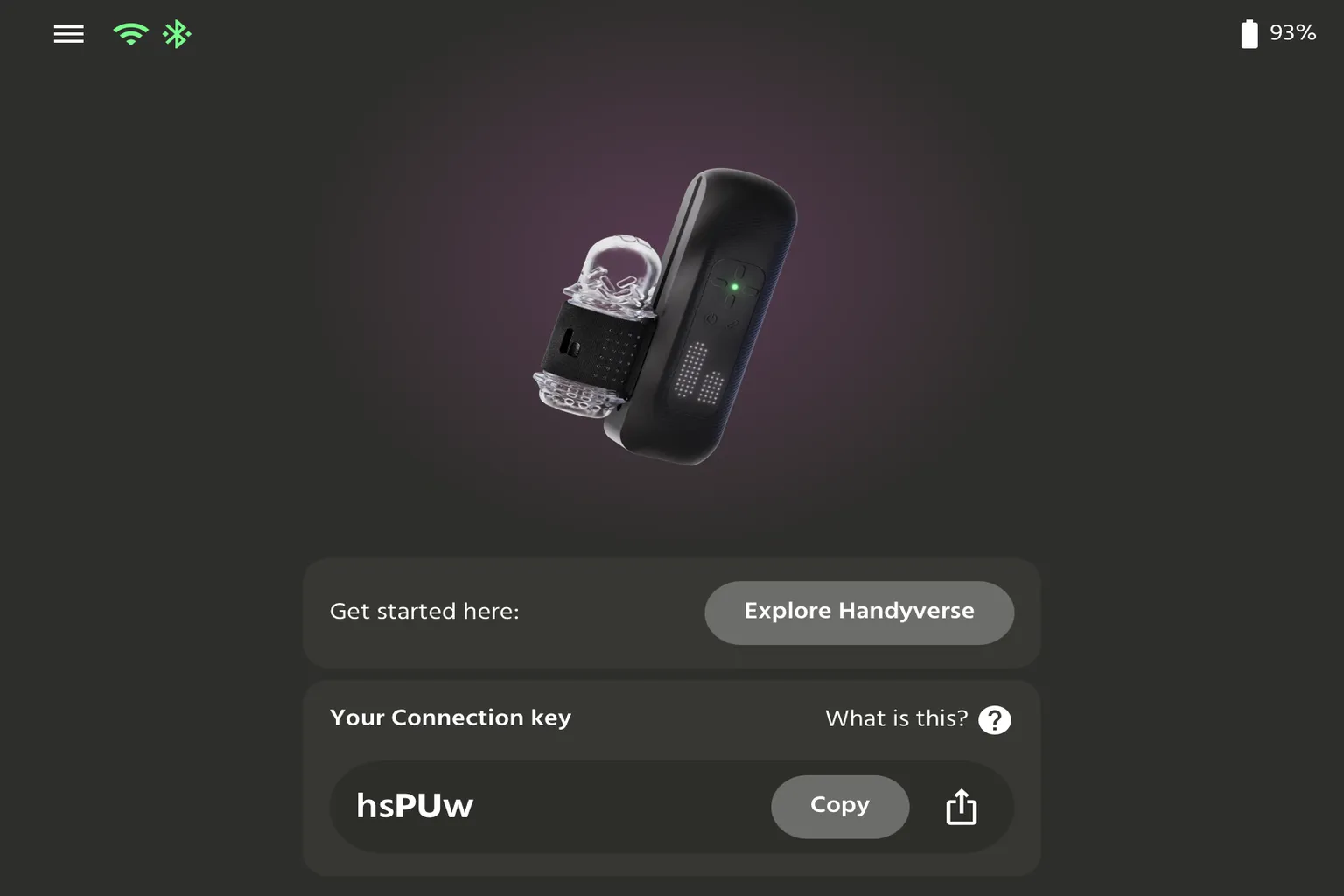 Écran d’accueil de The Handy 2 Pro affichant la Connection Key mise à jour, avec le bouton Copy et le raccourci Explore Handyverse.