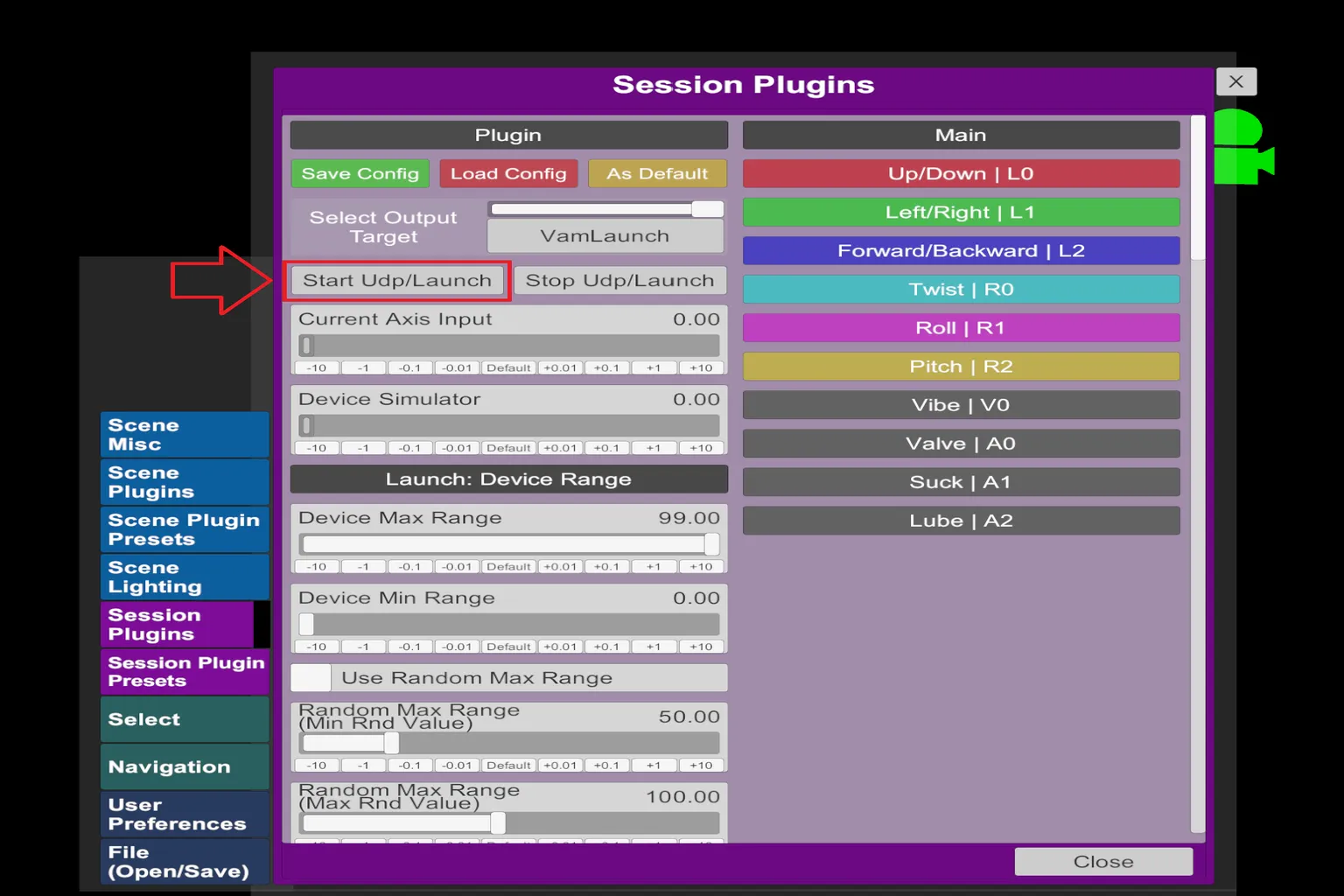 Interface du plugin ToySerialController dans VaM avec une flèche indiquant le bouton Start Udp/Launch.