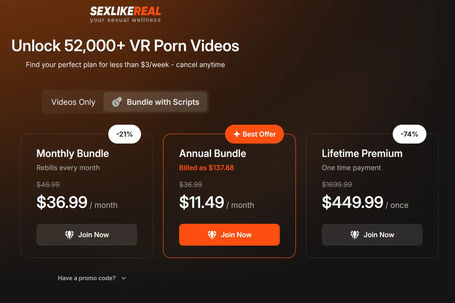 Page des offres SexLikeReal avec abonnements groupés incluant les scripts