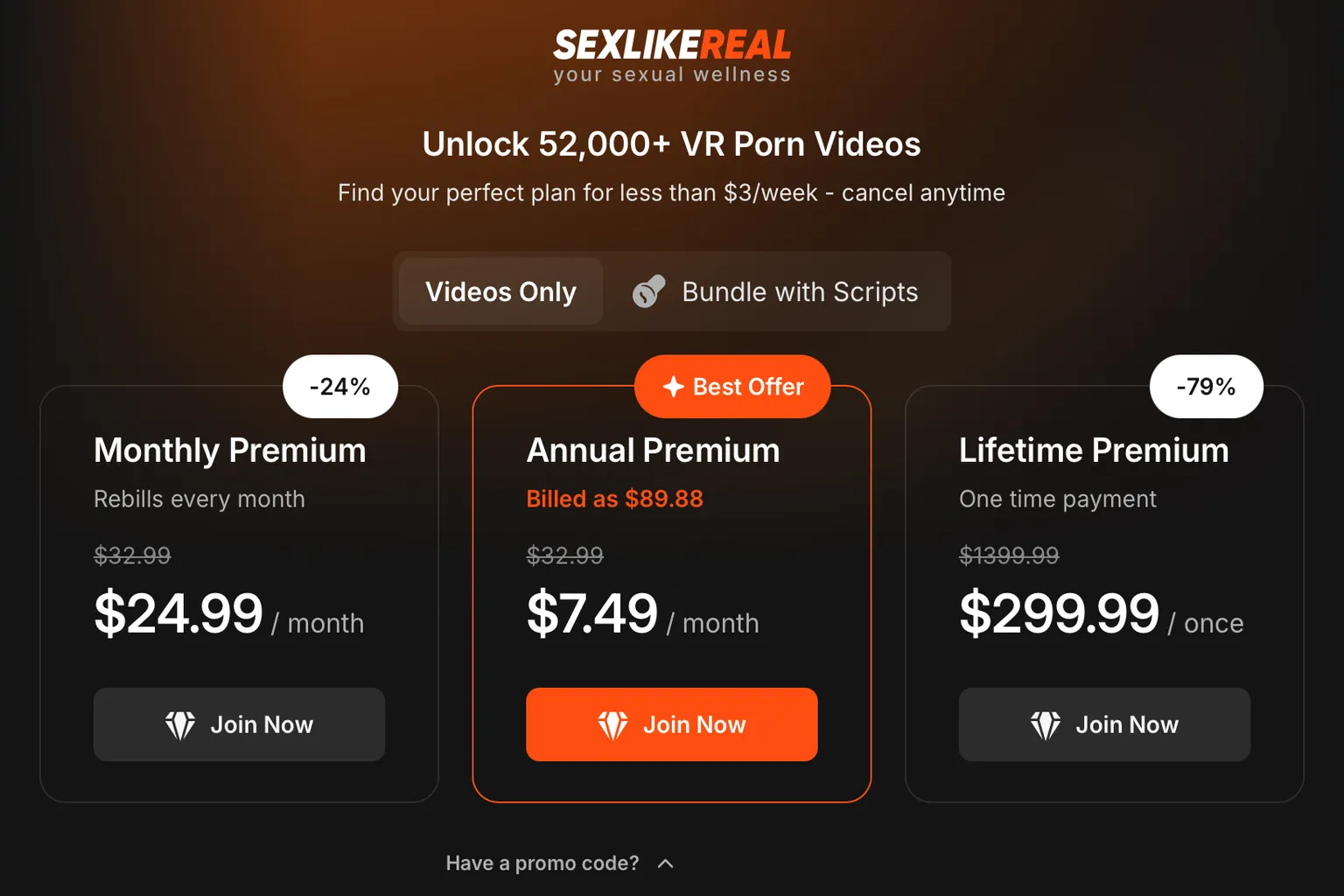 Offres Premium SexLikeReal avec code promo VRPUPU appliqué aux vidéos seules