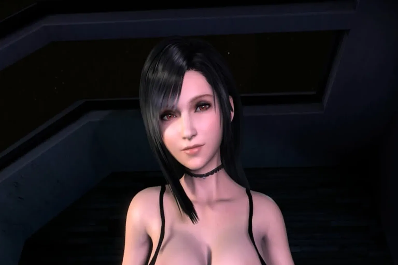 Personnage féminin virtuel Cuddle Mocap aux cheveux noirs, en gros plan dans une scène sombre