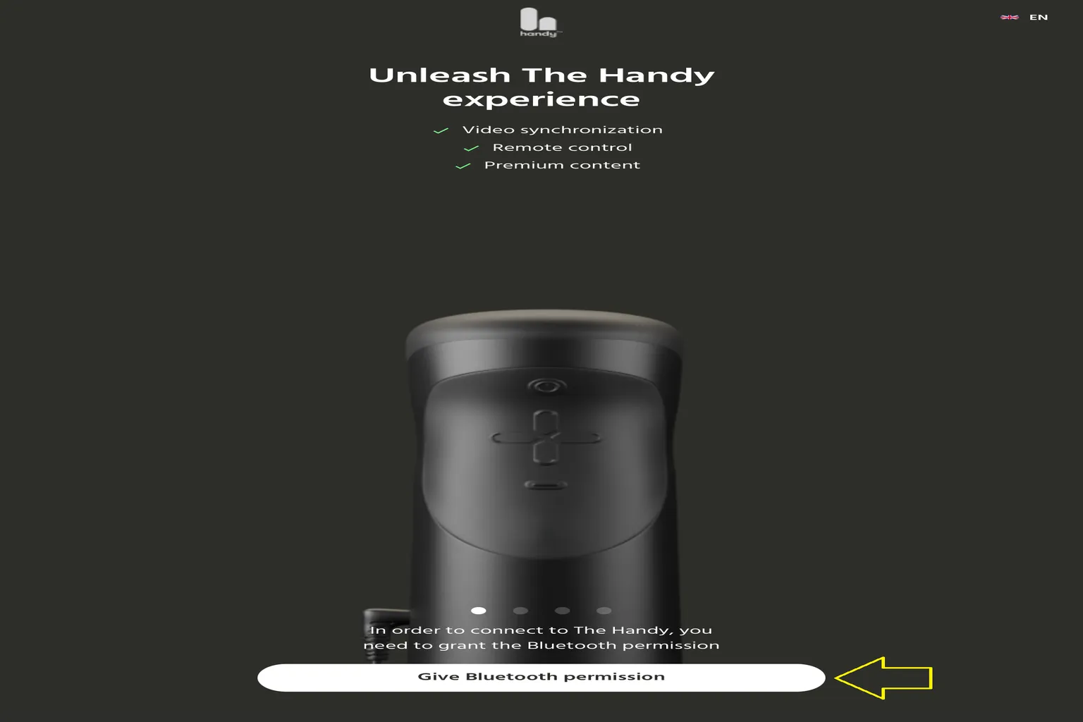 Écran de HandyOnboarding demandant l’autorisation Bluetooth pour connecter The Handy.
