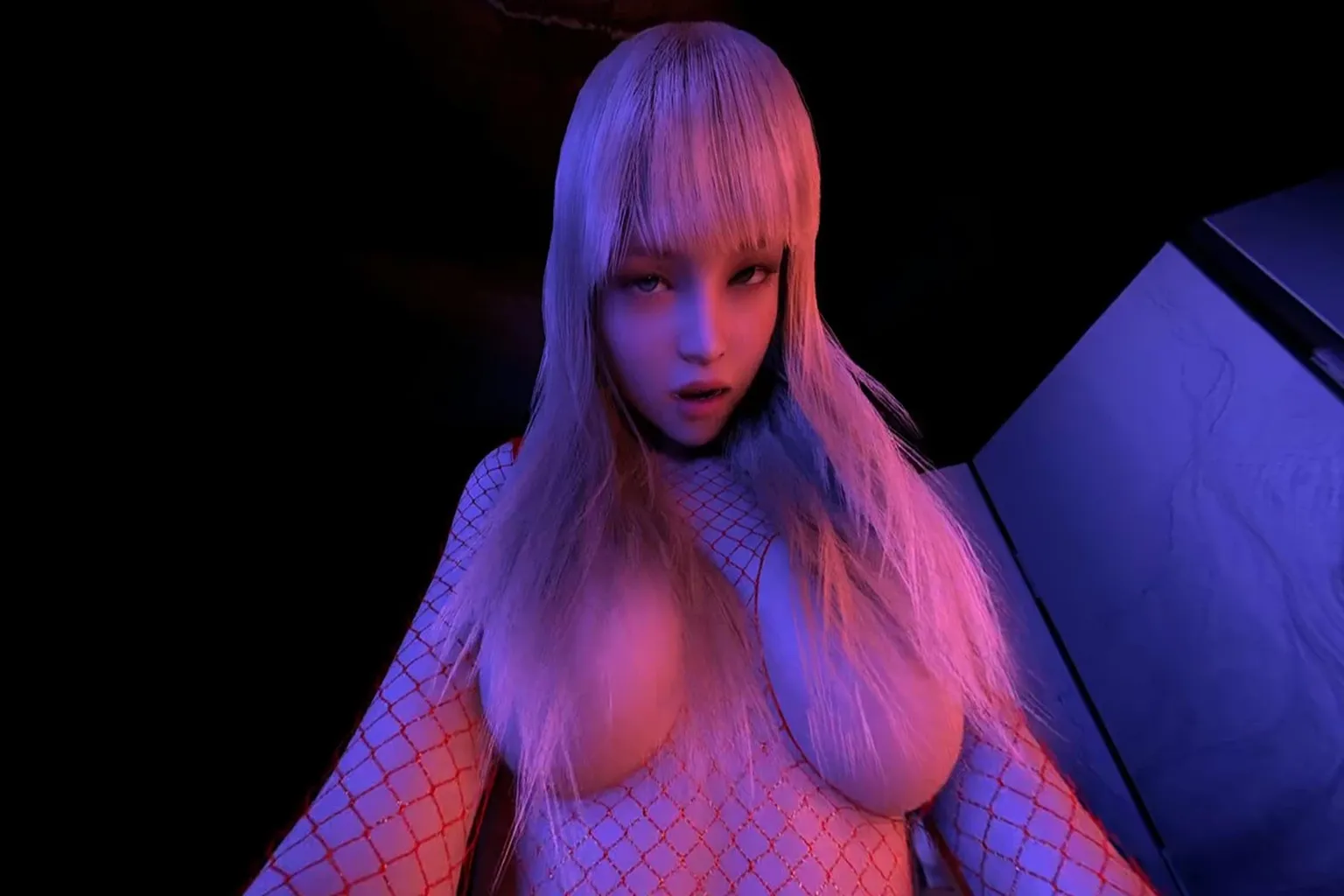 Personnage féminin virtuel KittyMocap aux cheveux blonds, en gros plan sous un éclairage violet et rouge