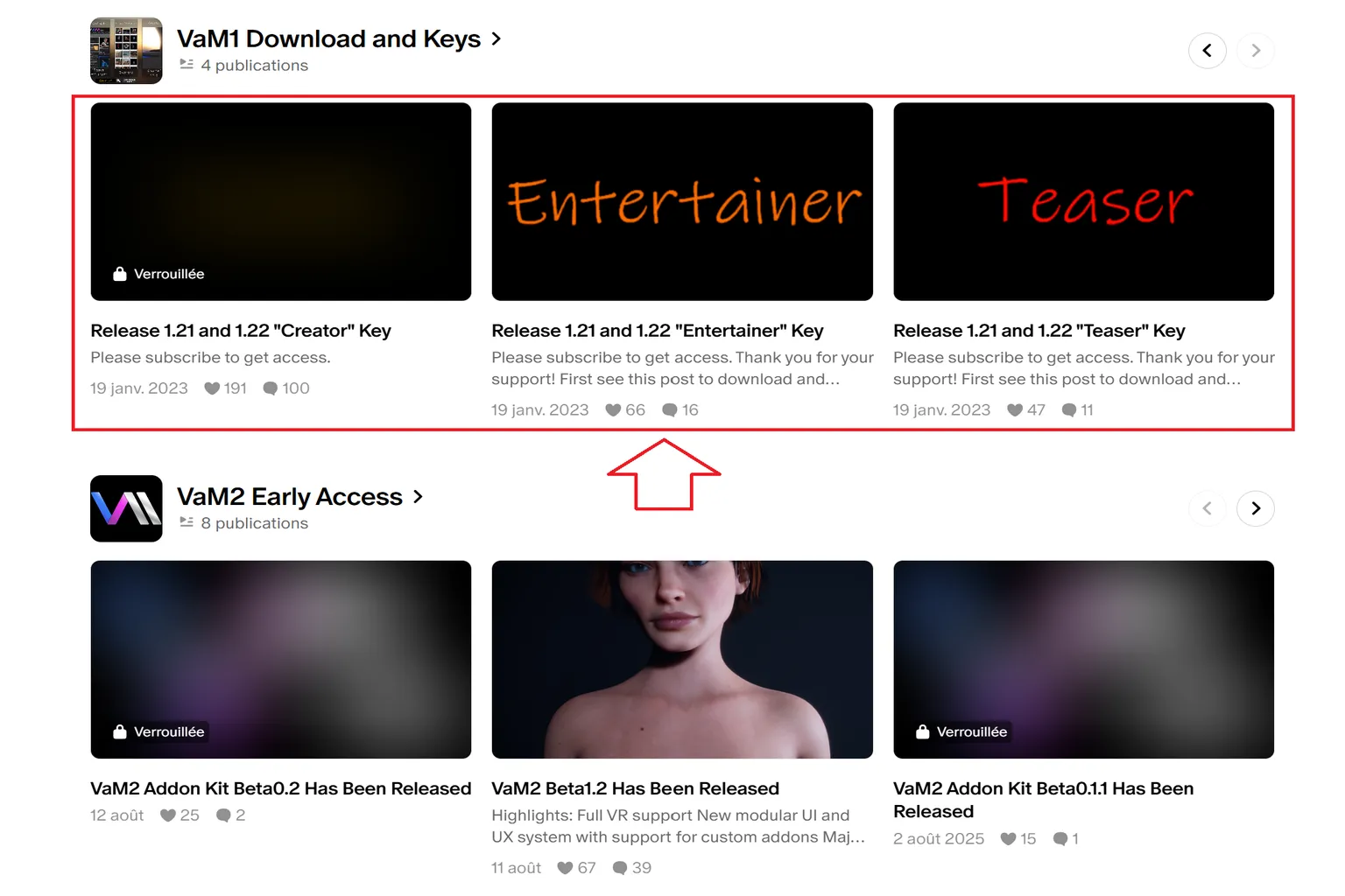 Page Patreon VaM1 Download and Keys avec publications de clés Teaser, Entertainer et Creator