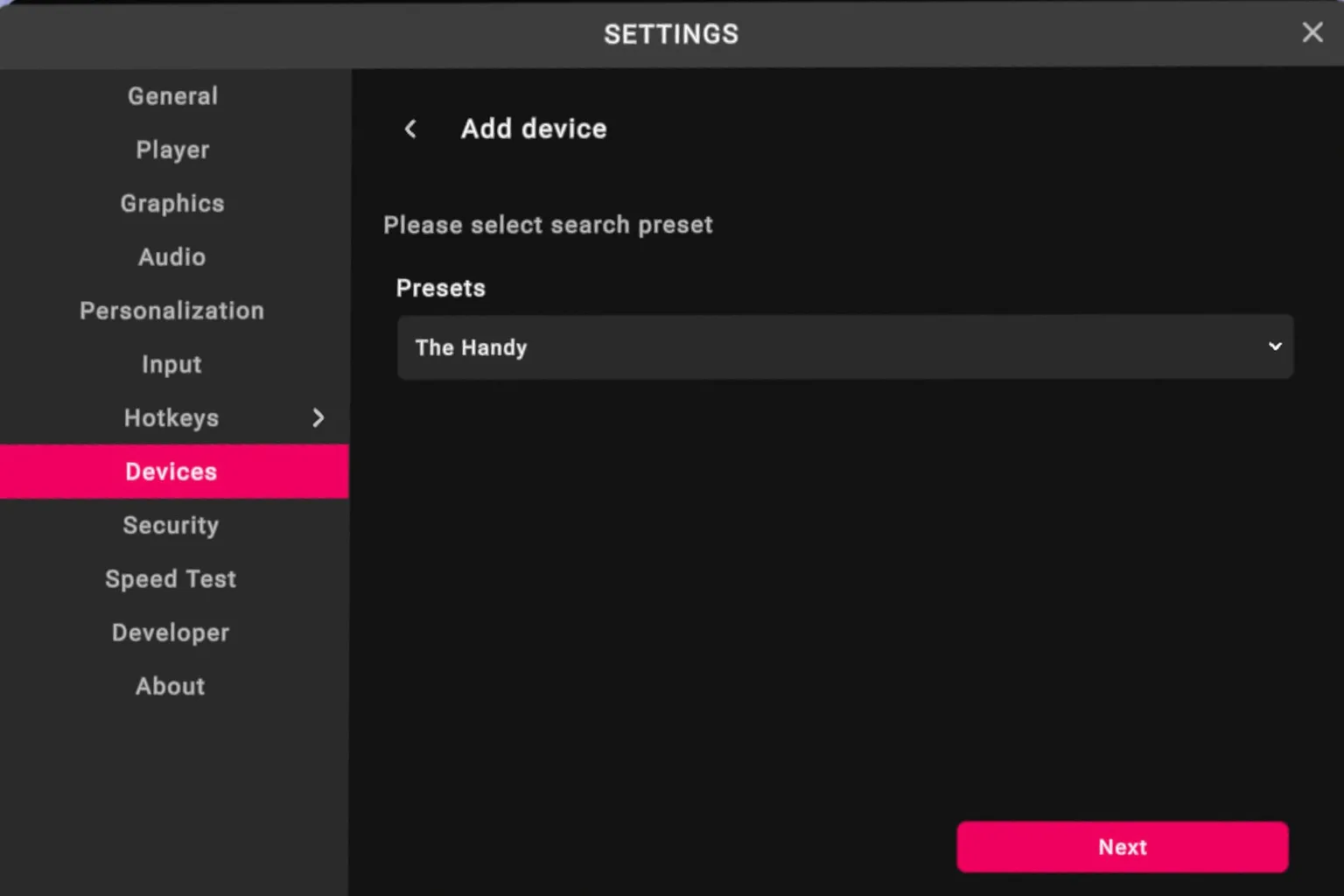 Écran Add device de VRPorn montrant The Handy sélectionné comme preset de recherche avant l’appairage d’un appareil interactif.