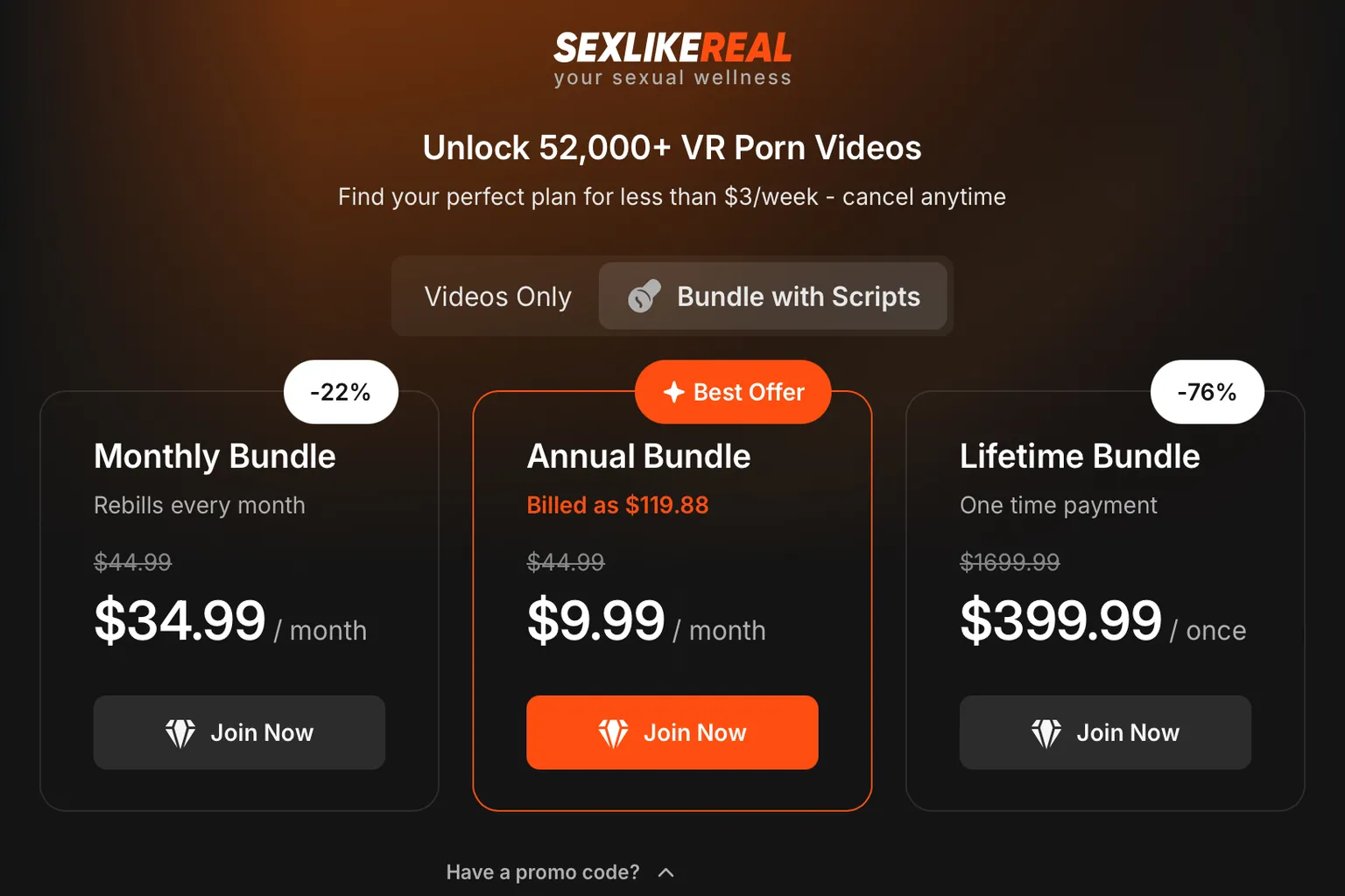 Offres groupées SexLikeReal avec code promo VRPUPU appliqué aux vidéos et scripts