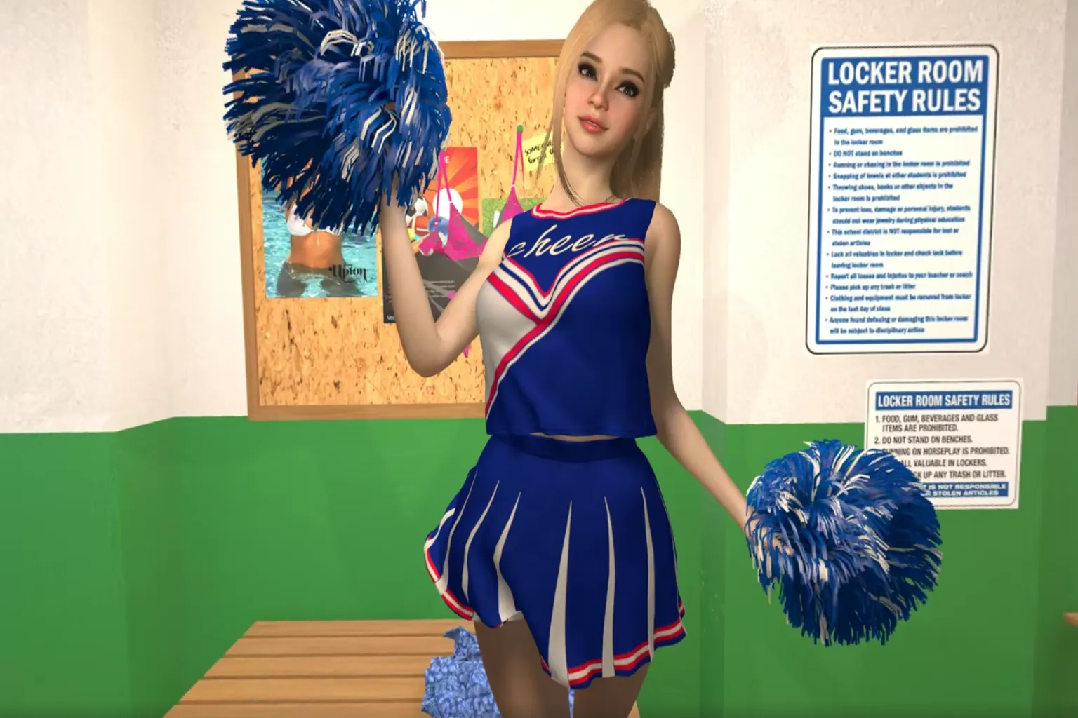 Personnage féminin virtuel FantasyVR en tenue de cheerleader dans un vestiaire
