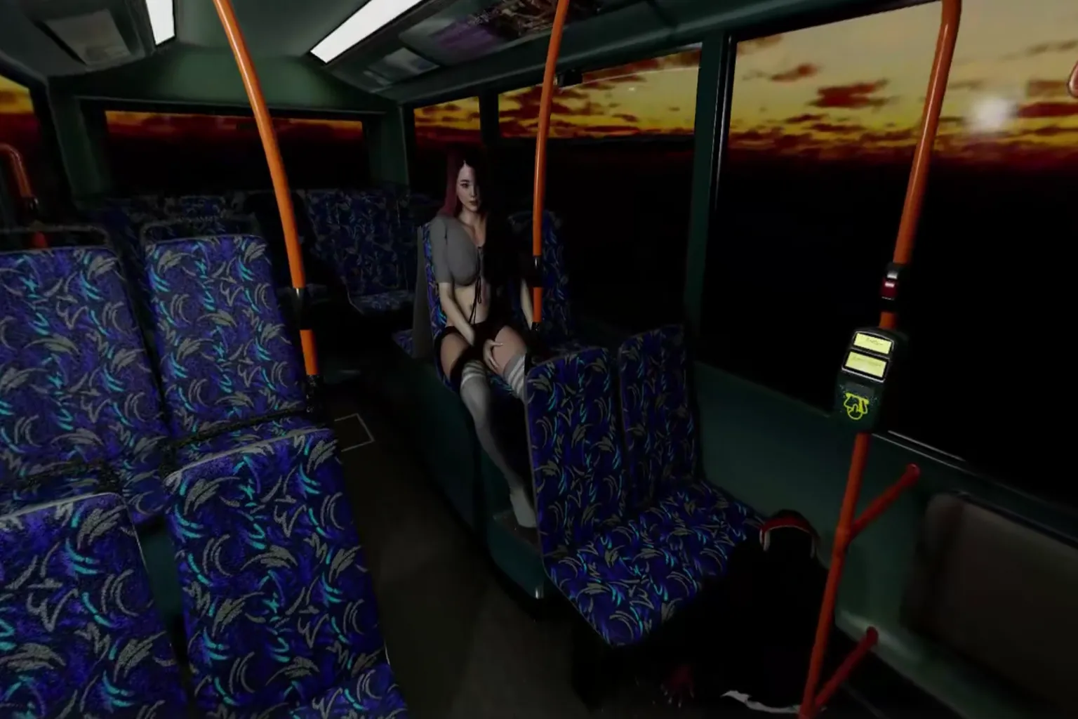 Personnage féminin virtuel assis dans un bus de nuit, avec ambiance sombre et ciel orangé à l’extérieur