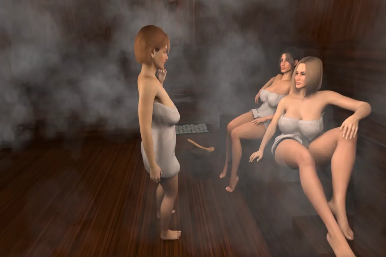 Trois personnages féminins virtuels dans une salle de vapeur, enveloppés de serviettes dans une scène SLR