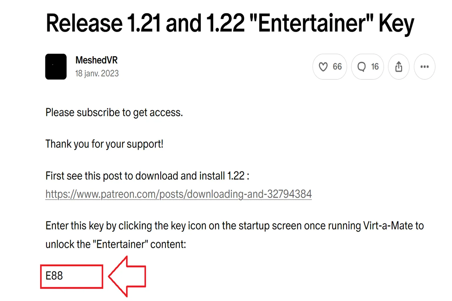 Publication Patreon affichant la clé Entertainer à entrer dans Virt-A-Mate