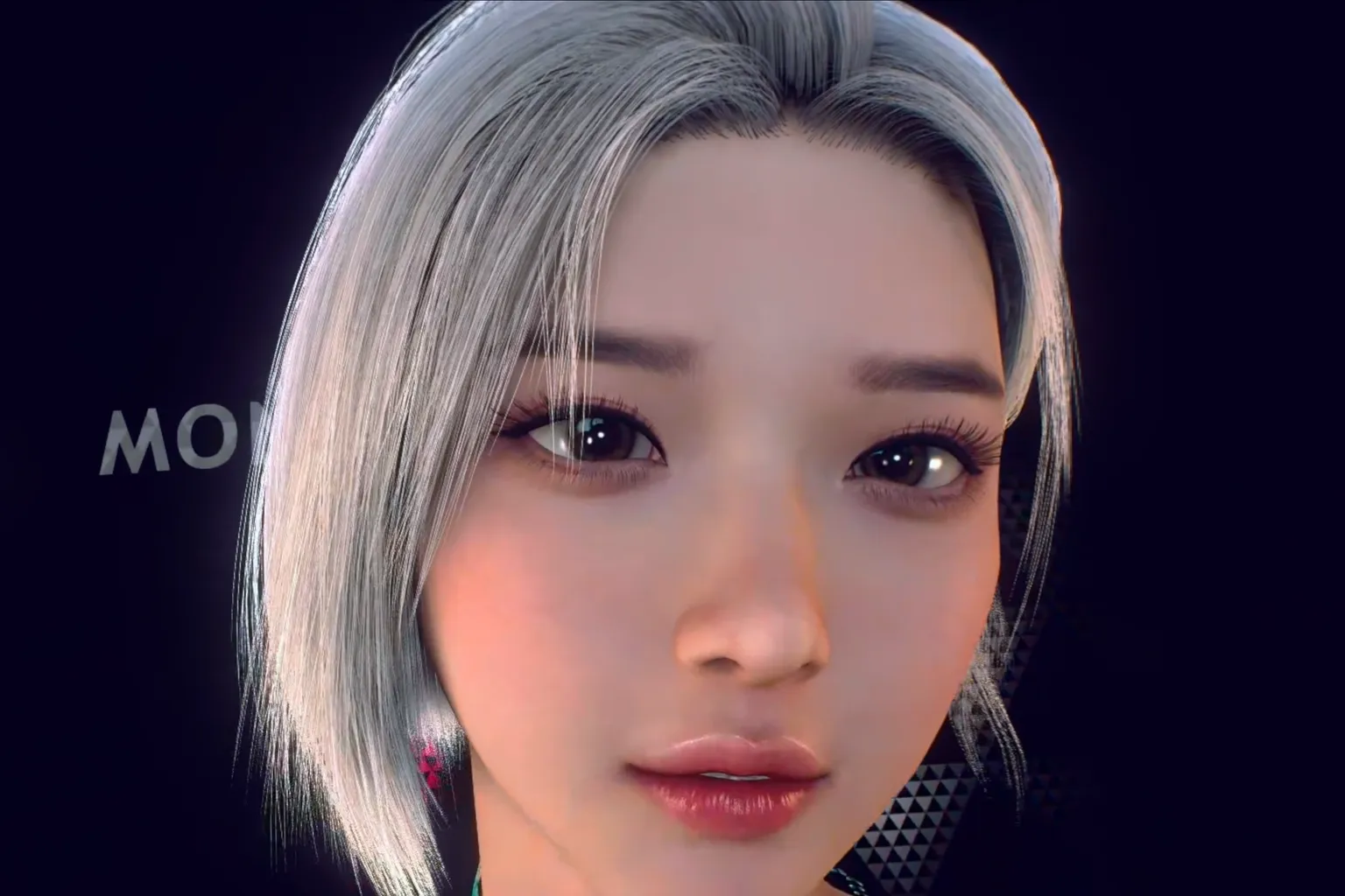Gros plan d’un avatar féminin coréen dans Virt-A-Mate avec cheveux argentés et regard réaliste