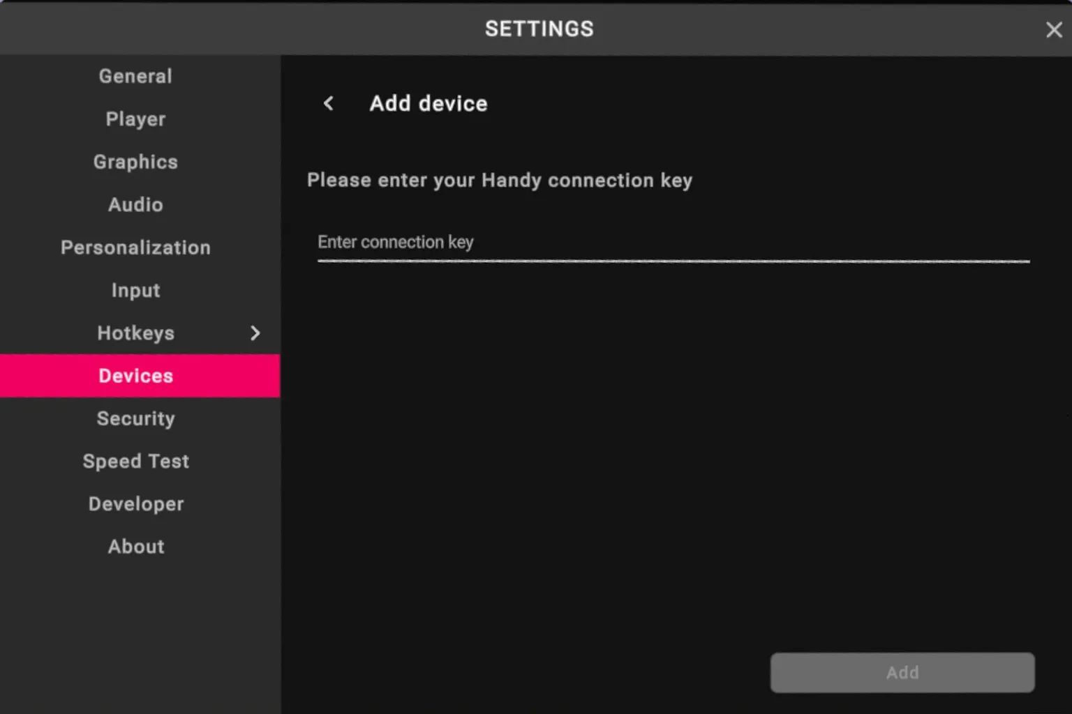 Écran Add device de VRPorn où la Connection Key de The Handy est saisie pour connecter l’appareil.